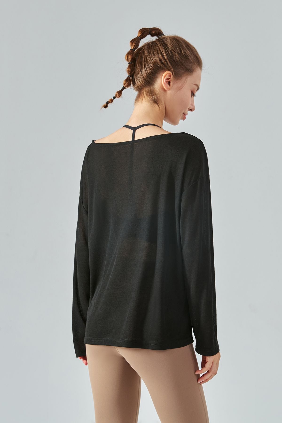 Sheer Mesh Boatneck Long Sleeve Tops