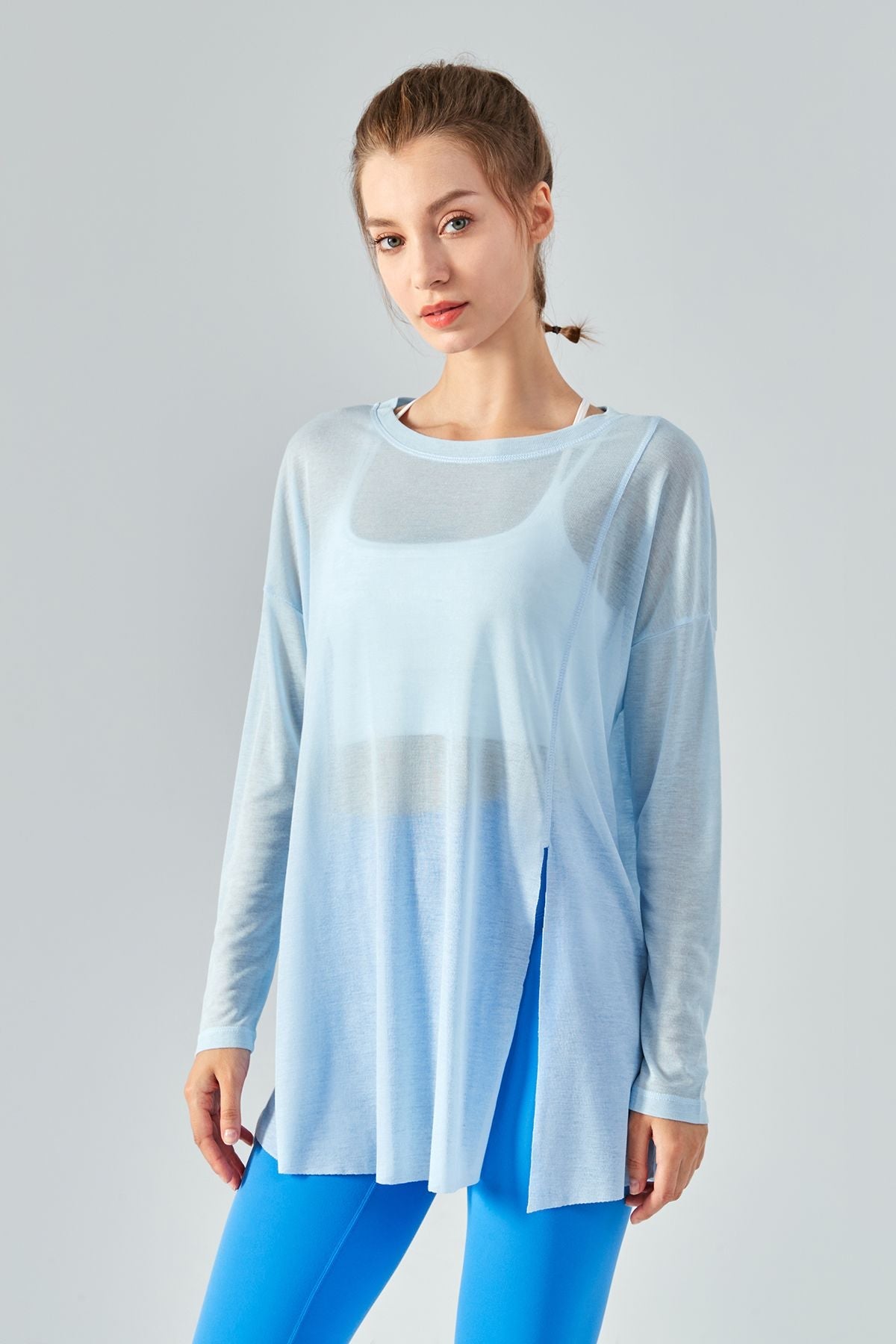 Sheer Mesh Long Sleeve Asymmetrical Hem Tops