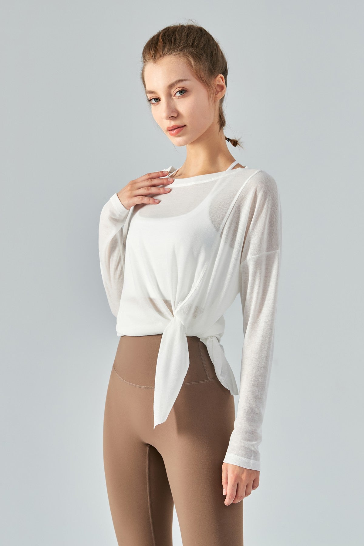 Sheer Mesh Long Sleeve Asymmetrical Hem Tops