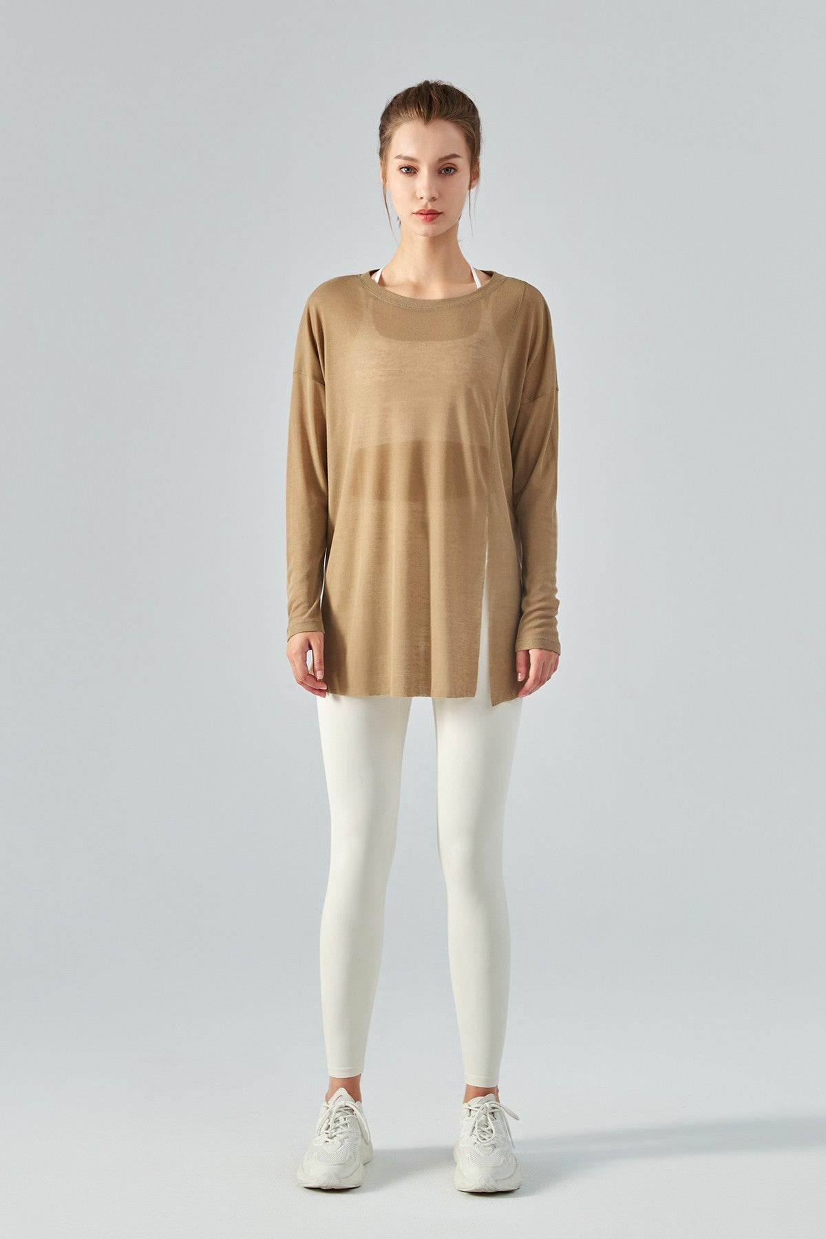 Sheer Mesh Long Sleeve Asymmetrical Hem Tops