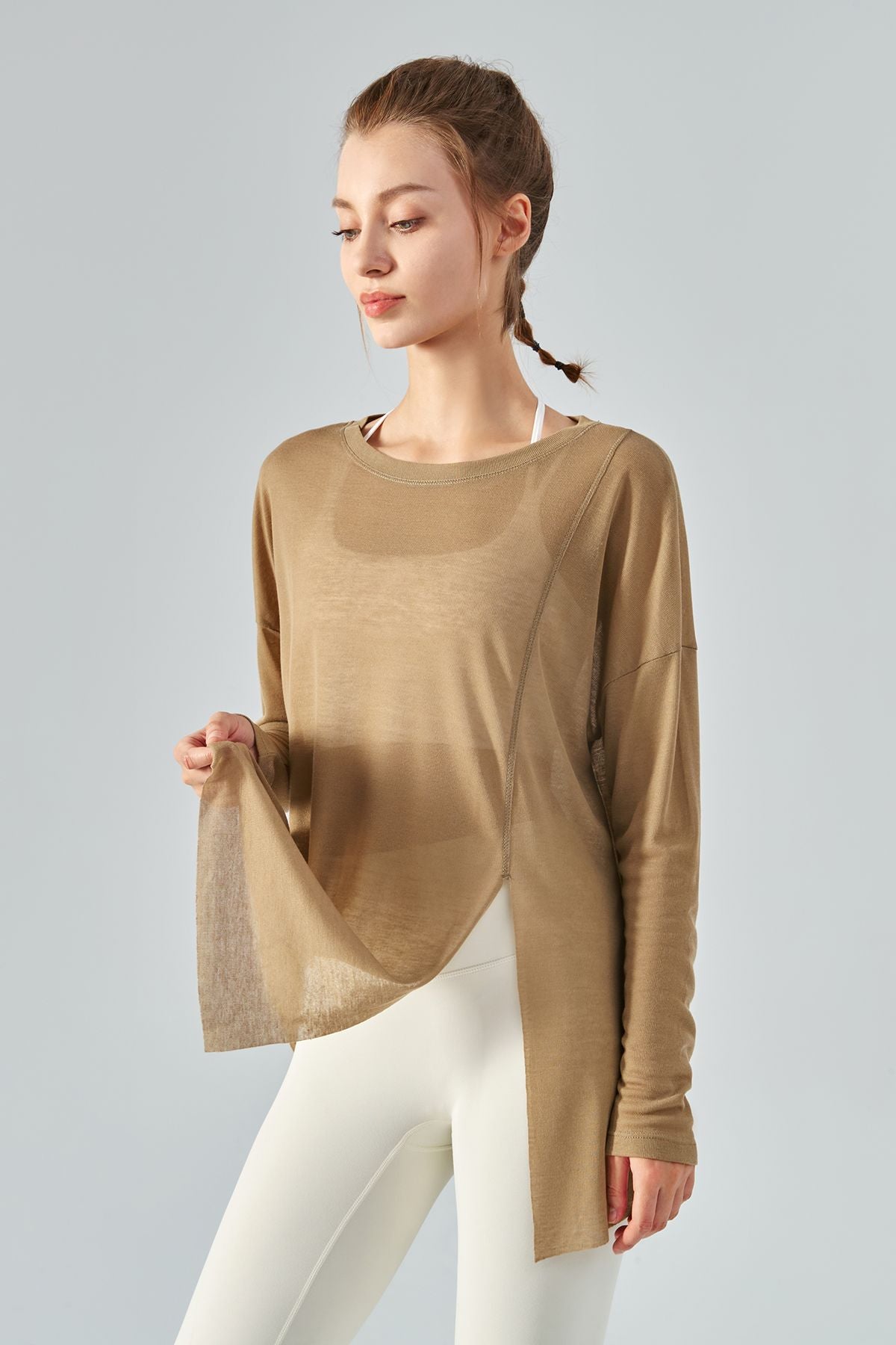 Sheer Mesh Long Sleeve Asymmetrical Hem Tops