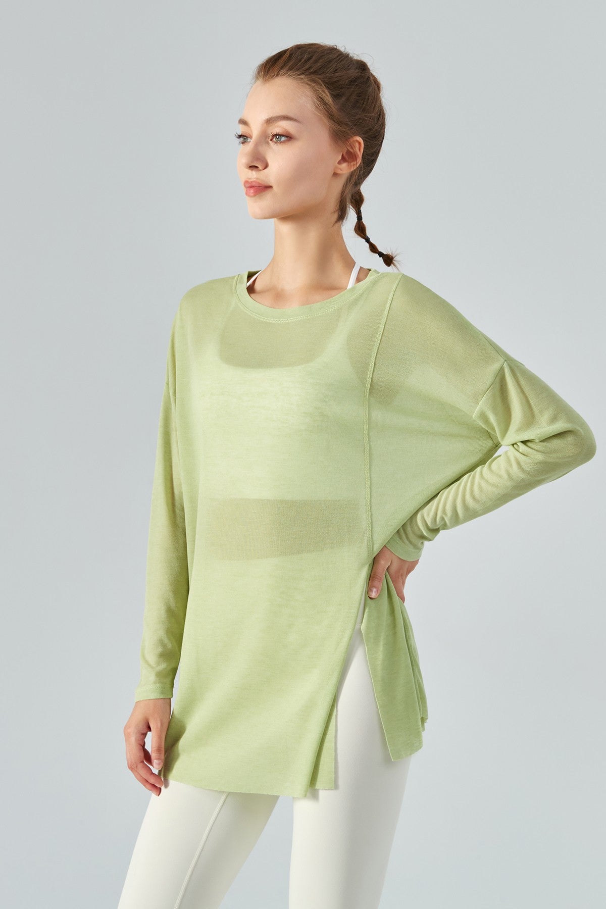 Sheer Mesh Long Sleeve Asymmetrical Hem Tops