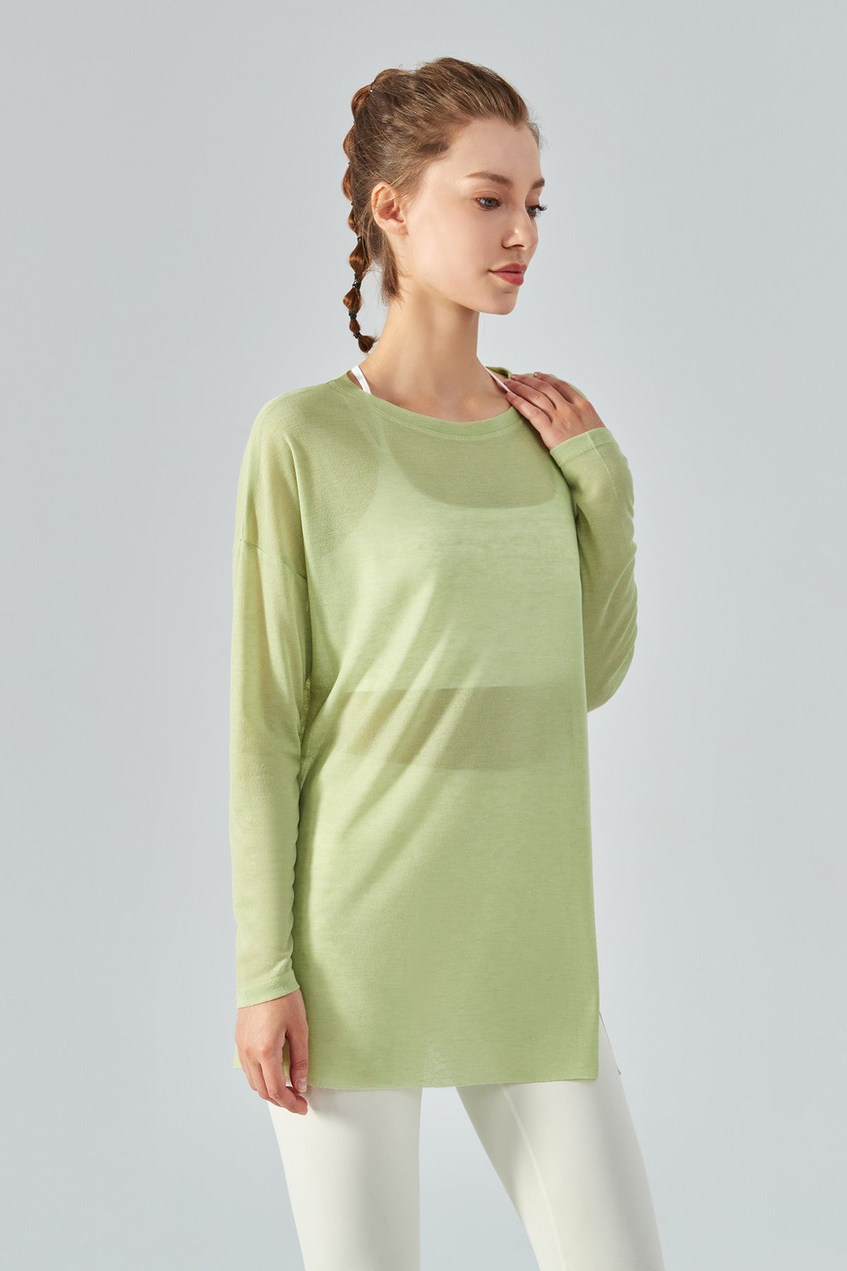 Sheer Mesh Long Sleeve Asymmetrical Hem Tops