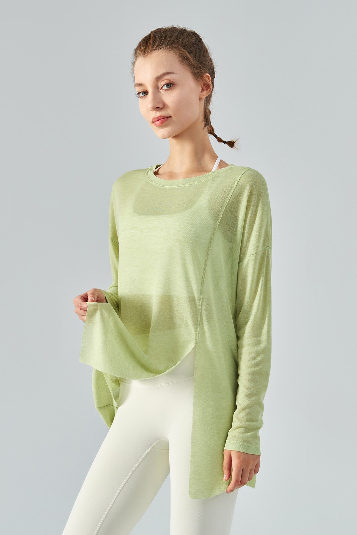 Sheer Mesh Long Sleeve Asymmetrical Hem Tops