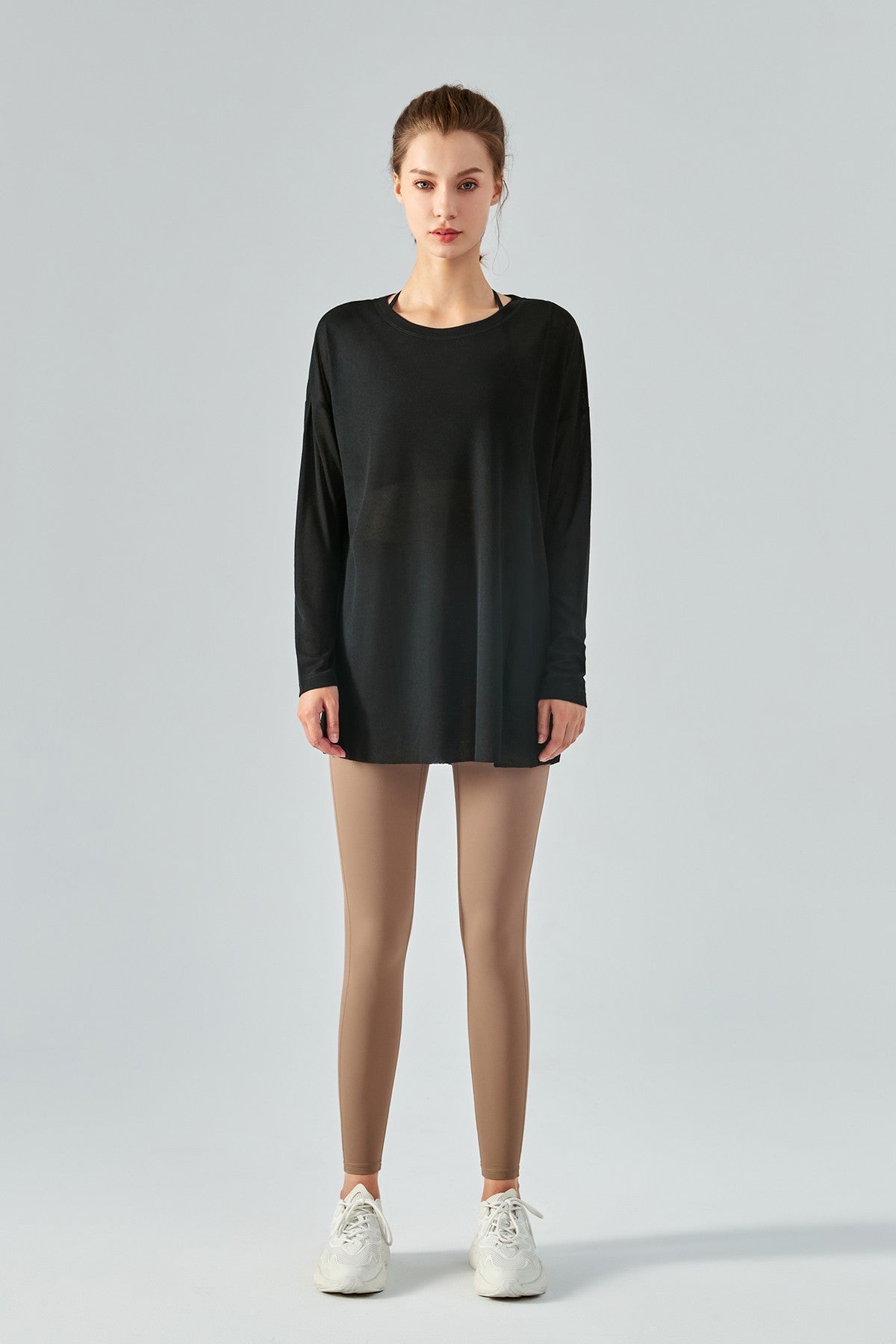 Sheer Mesh Long Sleeve Asymmetrical Hem Tops