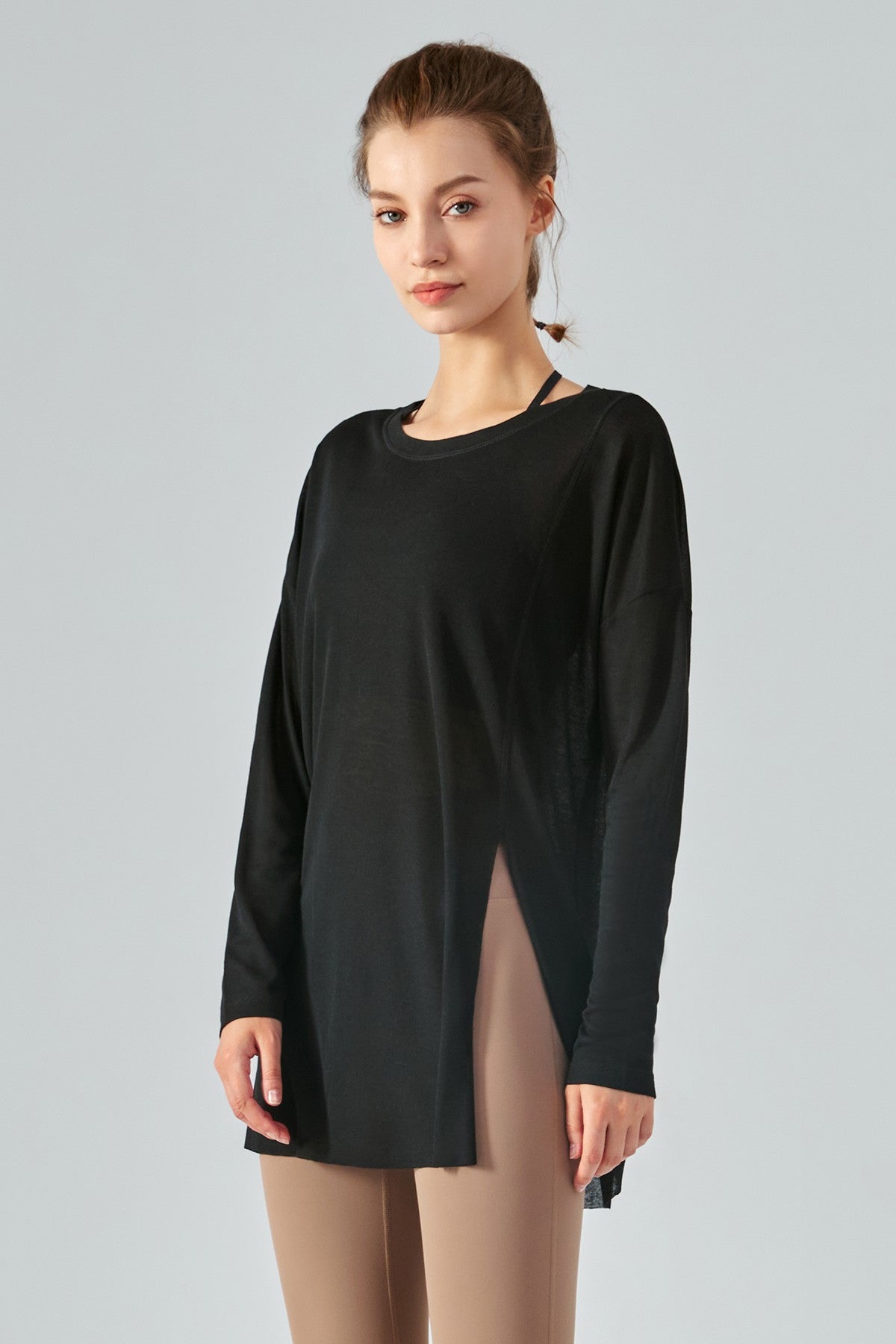 Sheer Mesh Long Sleeve Asymmetrical Hem Tops