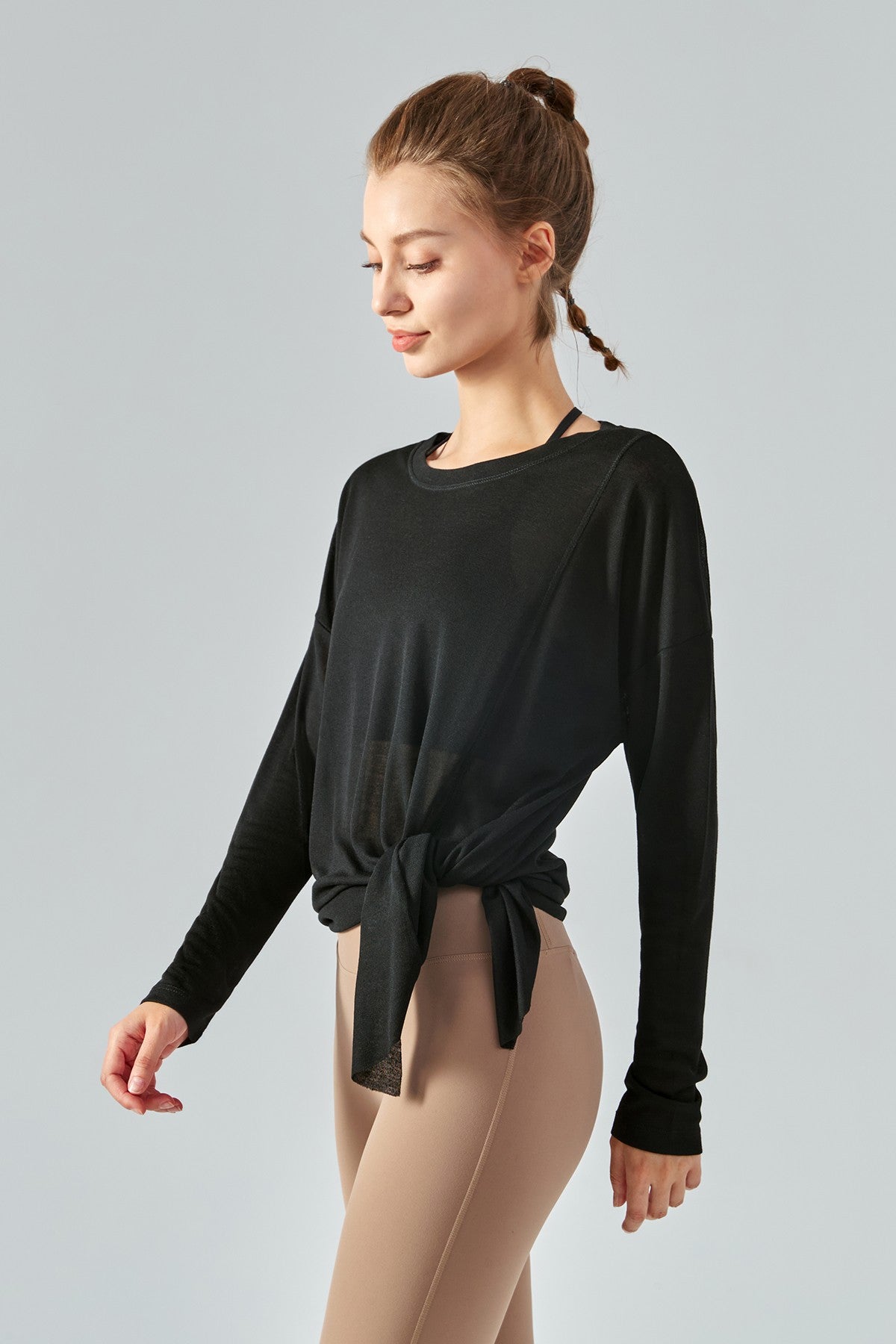 Sheer Mesh Long Sleeve Asymmetrical Hem Tops