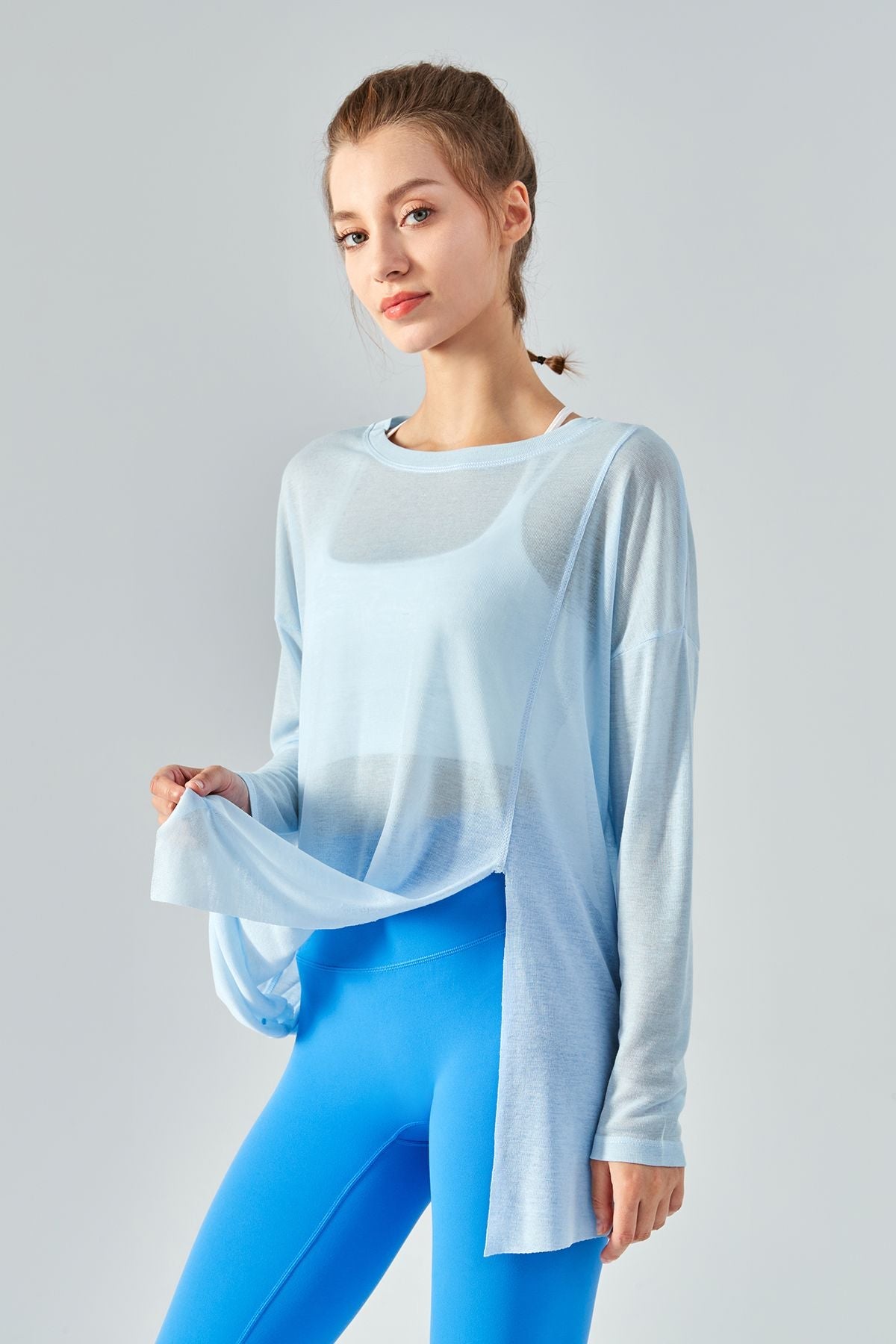 Sheer Mesh Long Sleeve Asymmetrical Hem Tops