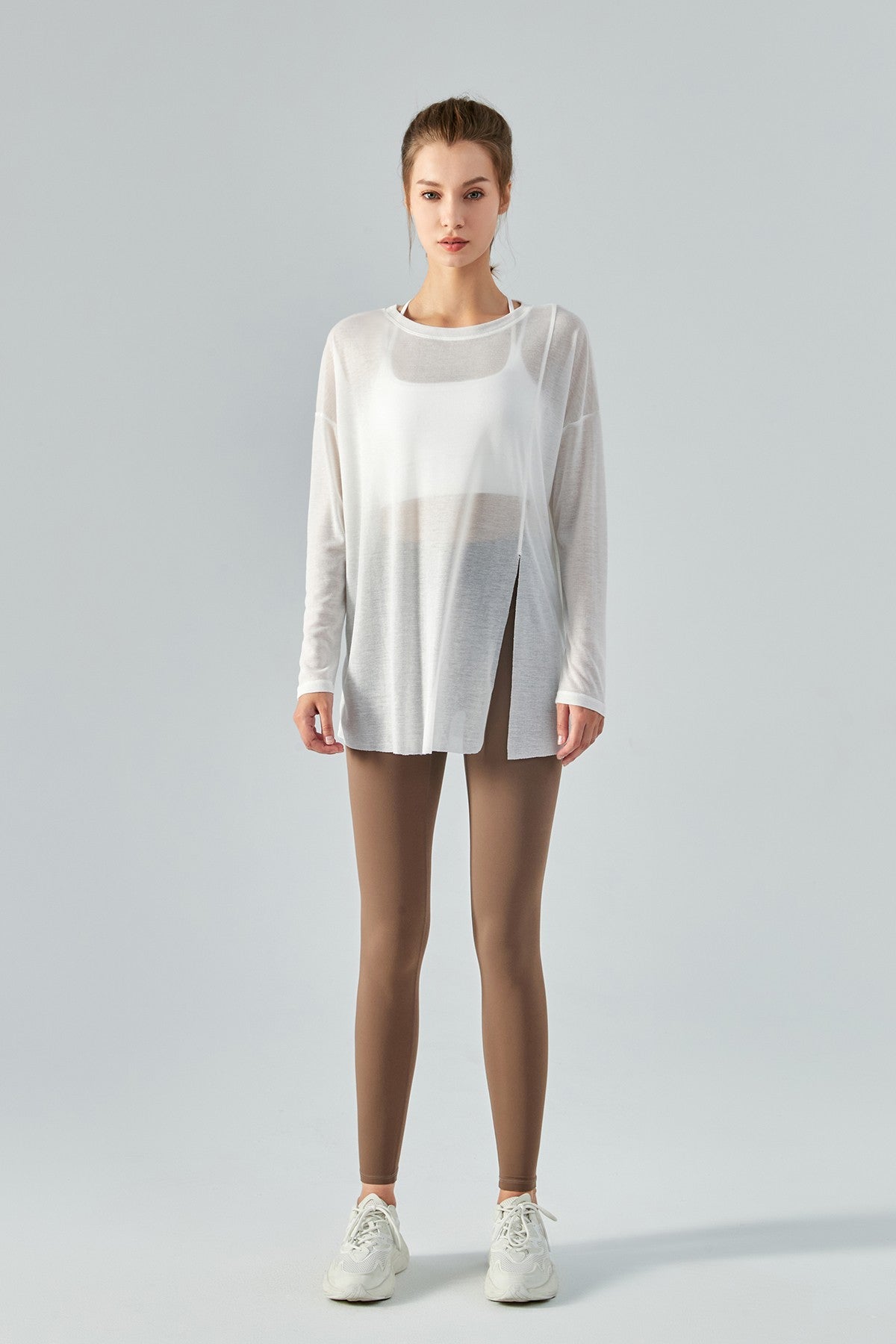 Sheer Mesh Long Sleeve Asymmetrical Hem Tops