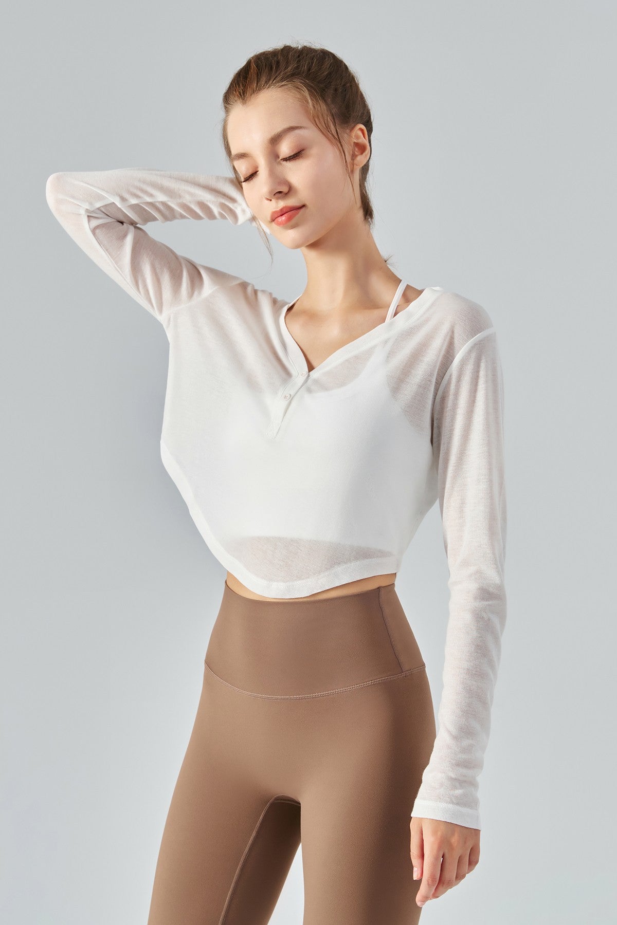 Sheer Mesh V-Neck Half Zipper Crop Tops