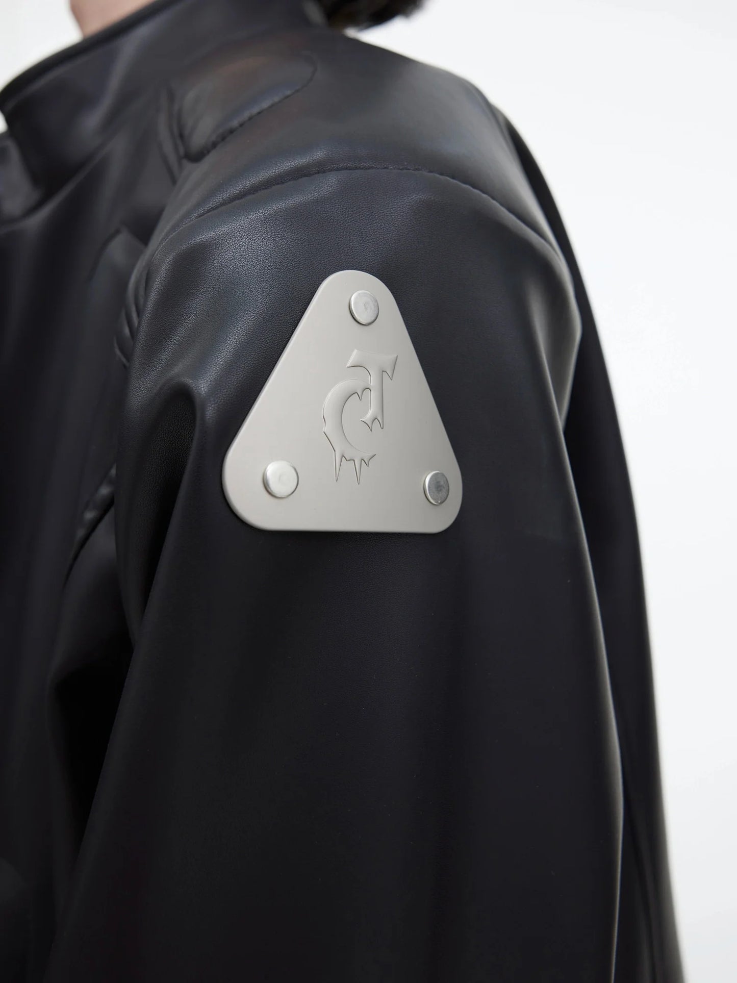 Short Faux Leather Jacket with Metallic Logo | 3D Pattern Coat