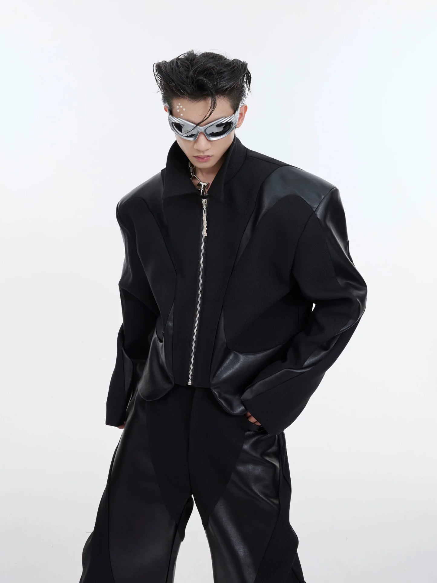 Shoulder-Pad Jacket with Faux Leather Detailing | Unique Suit Set for Men