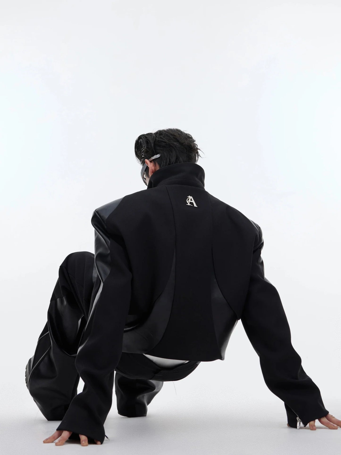 Shoulder-Pad Jacket with Faux Leather Detailing | Unique Suit Set for Men