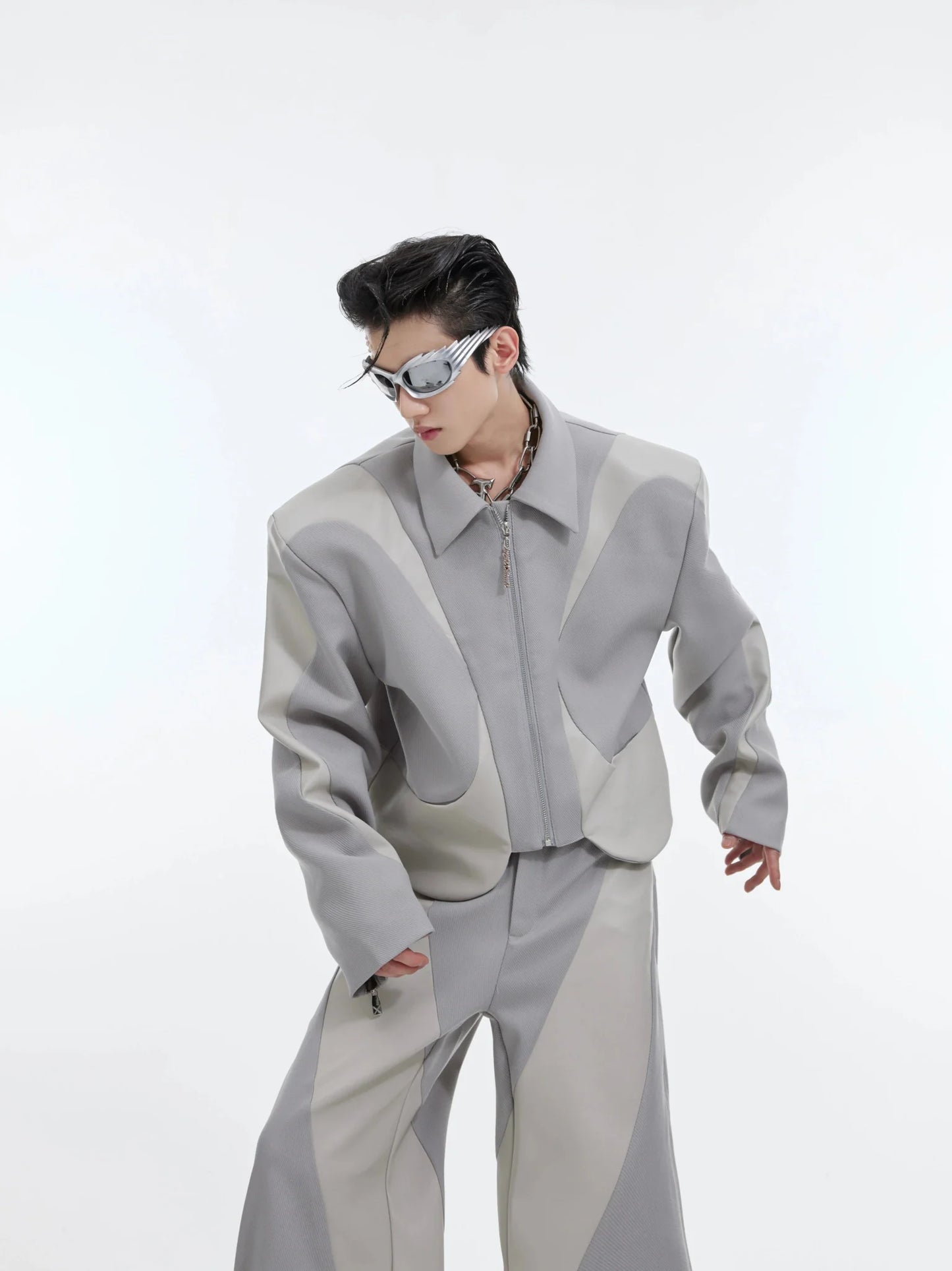 Shoulder-Pad Jacket with Faux Leather Detailing | Unique Suit Set for Men