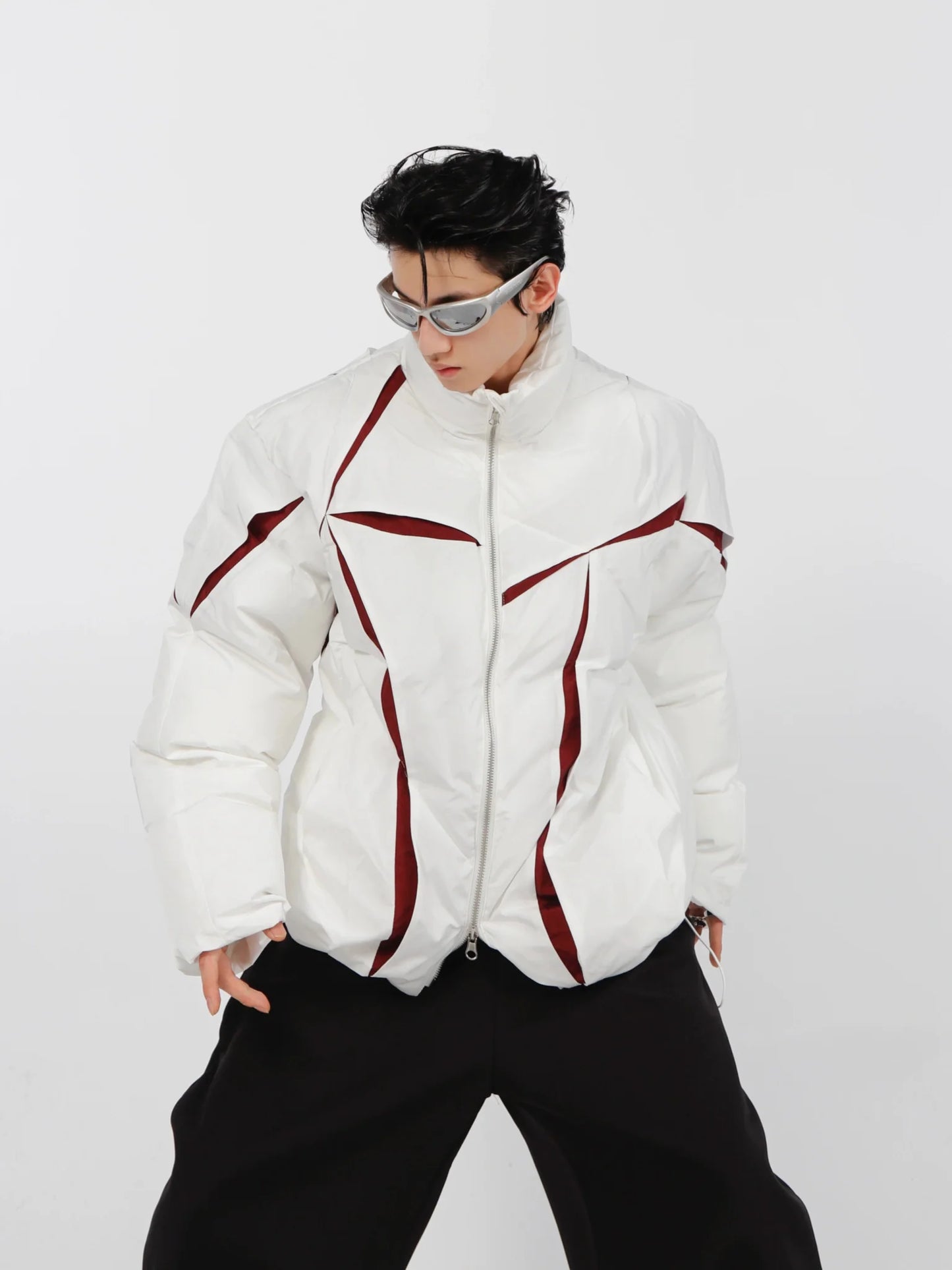 Split Deconstructed Cotton Jacket | Color-Block Short Puffer Coat with Stand Collar