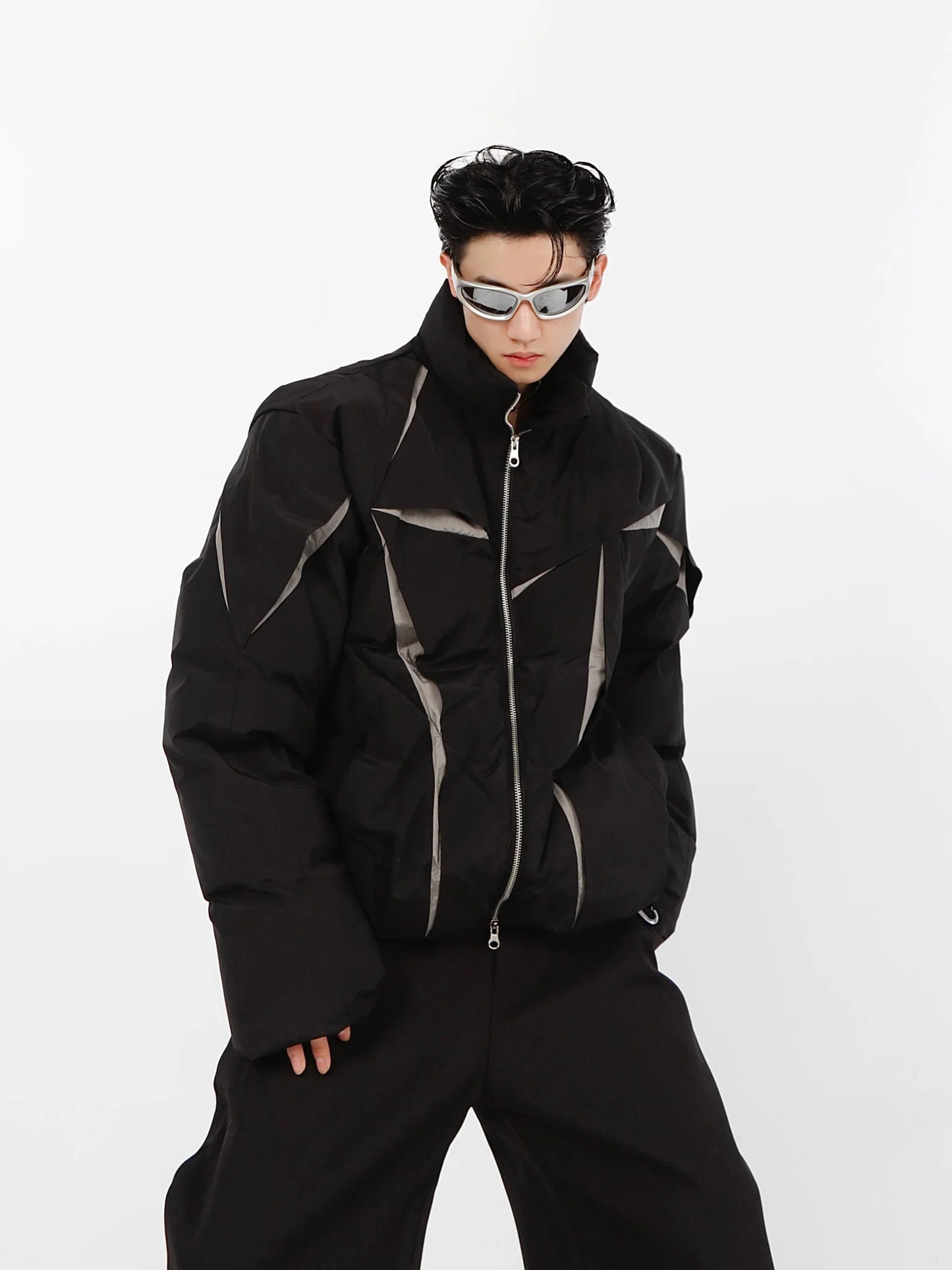 Split Deconstructed Cotton Jacket | Color-Block Short Puffer Coat with Stand Collar