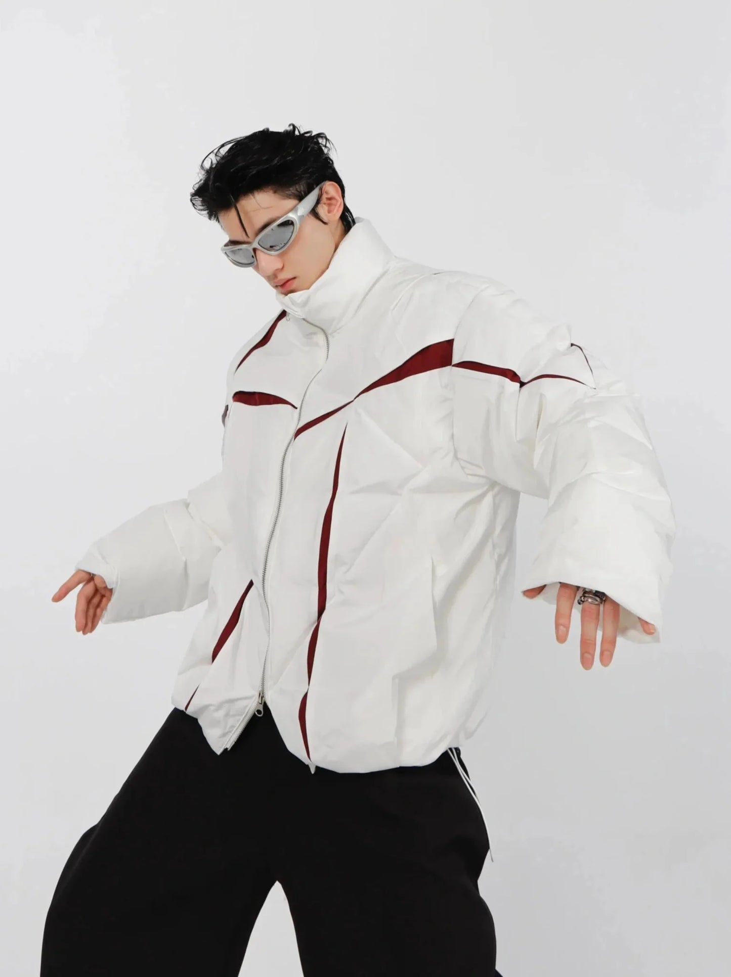 Split Deconstructed Cotton Jacket | Color-Block Short Puffer Coat with Stand Collar