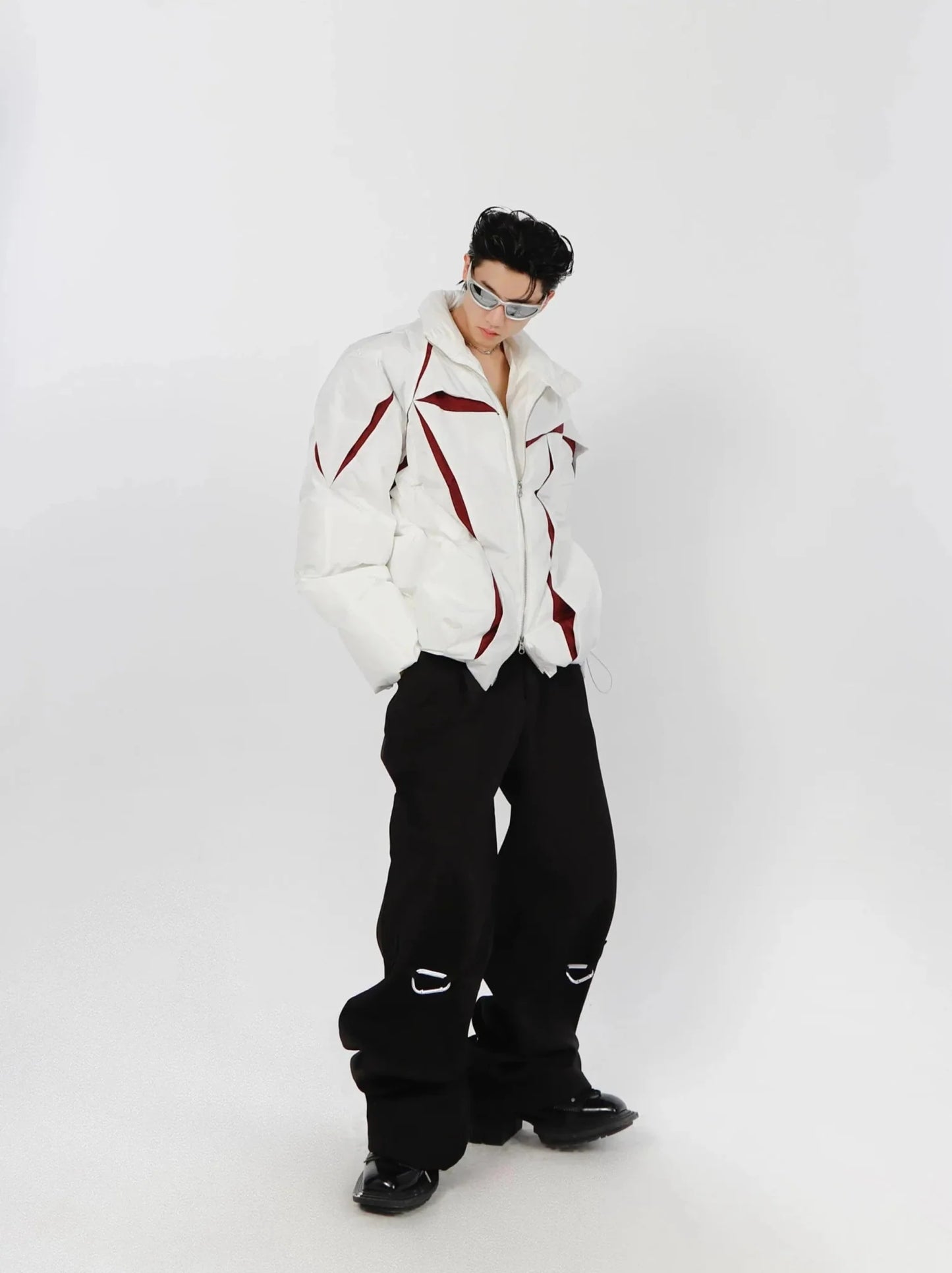 Split Deconstructed Cotton Jacket | Color-Block Short Puffer Coat with Stand Collar