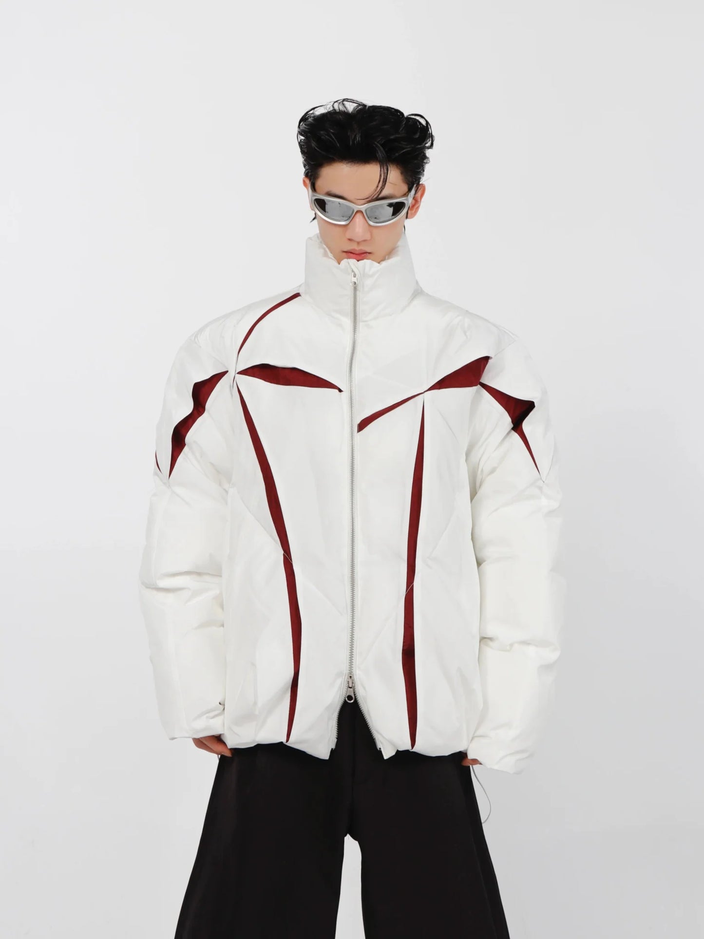 Split Deconstructed Cotton Jacket | Color-Block Short Puffer Coat with Stand Collar