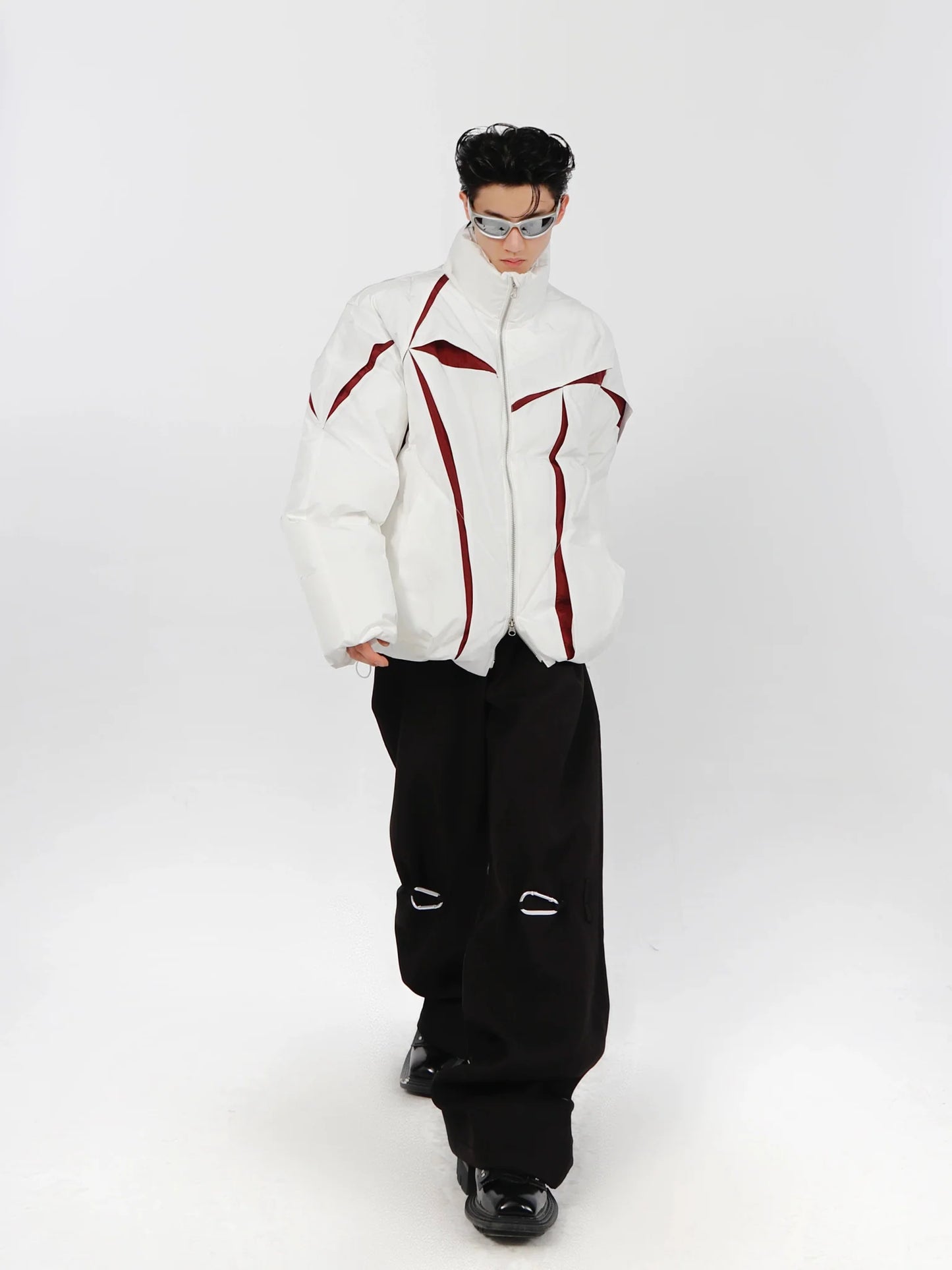 Split Deconstructed Cotton Jacket | Color-Block Short Puffer Coat with Stand Collar