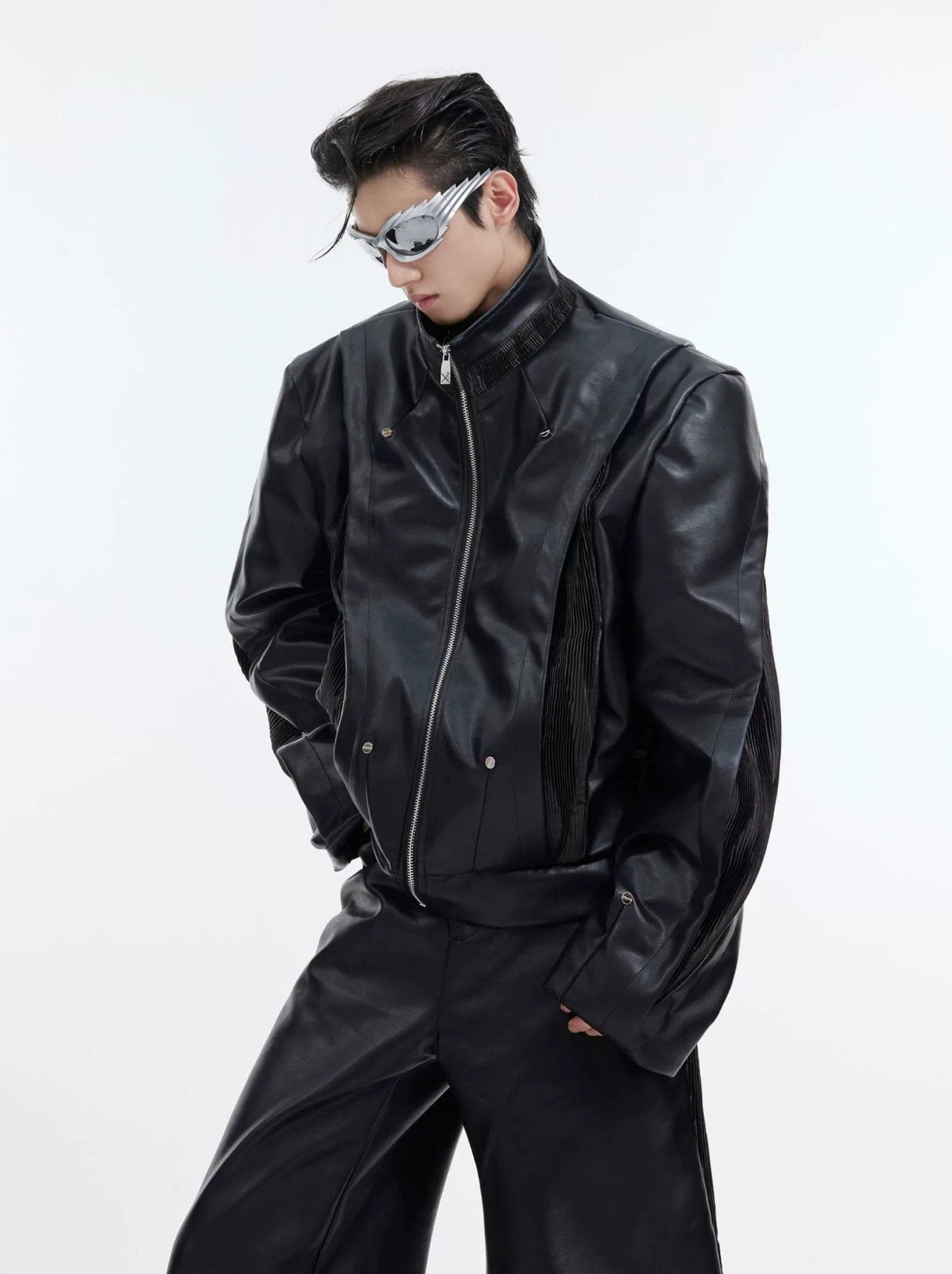 Split Design Faux Leather Jacket | Heavyweight Patchwork Biker Suit