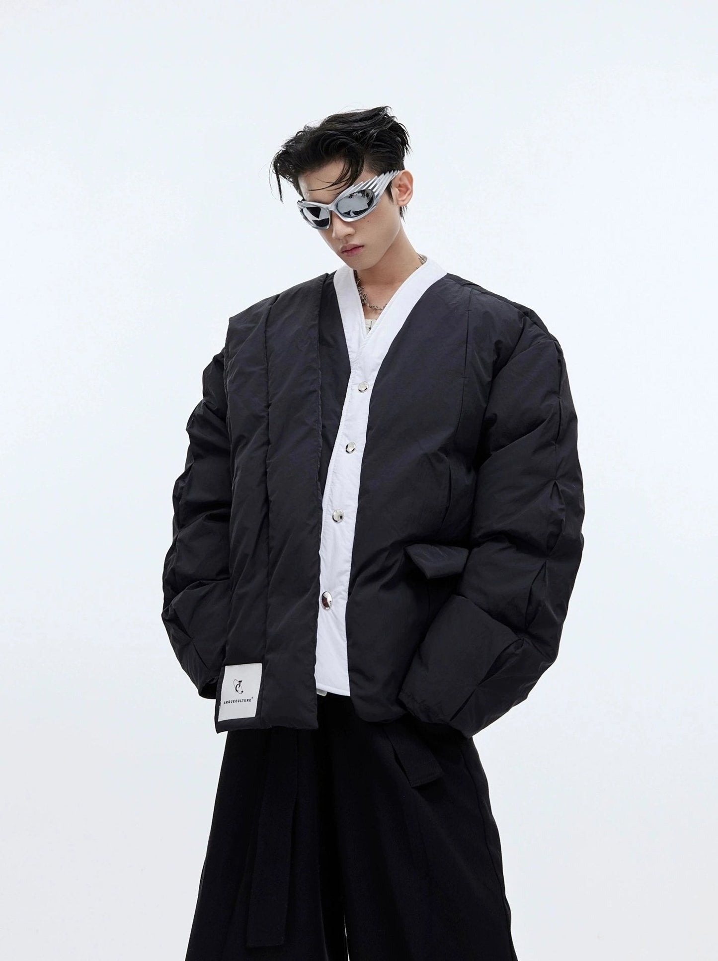 Split Design Nylon Puffer Jacket with Integrated Scarf | Short Jacket for Men