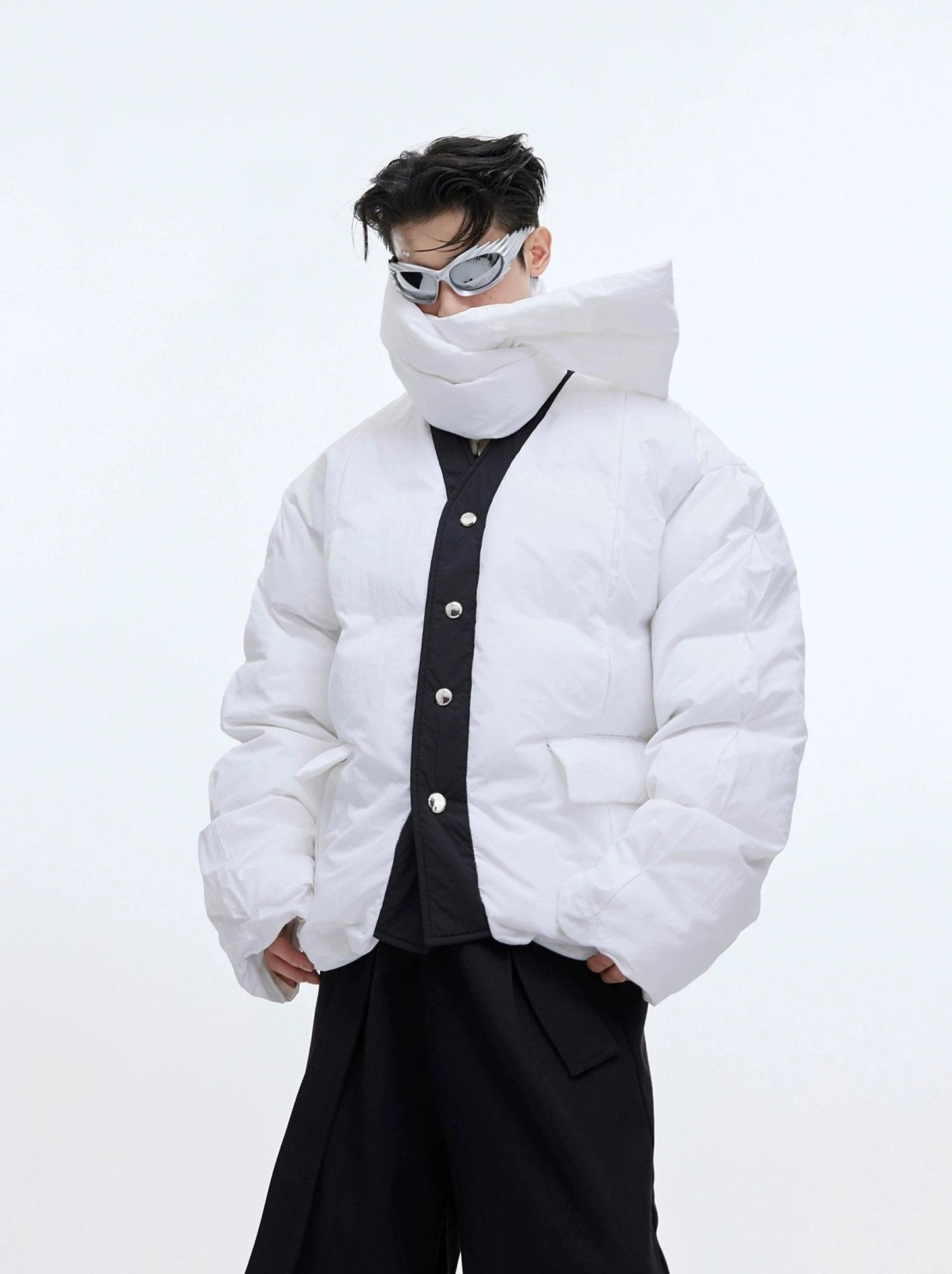 Split Design Nylon Puffer Jacket with Integrated Scarf | Short Jacket for Men