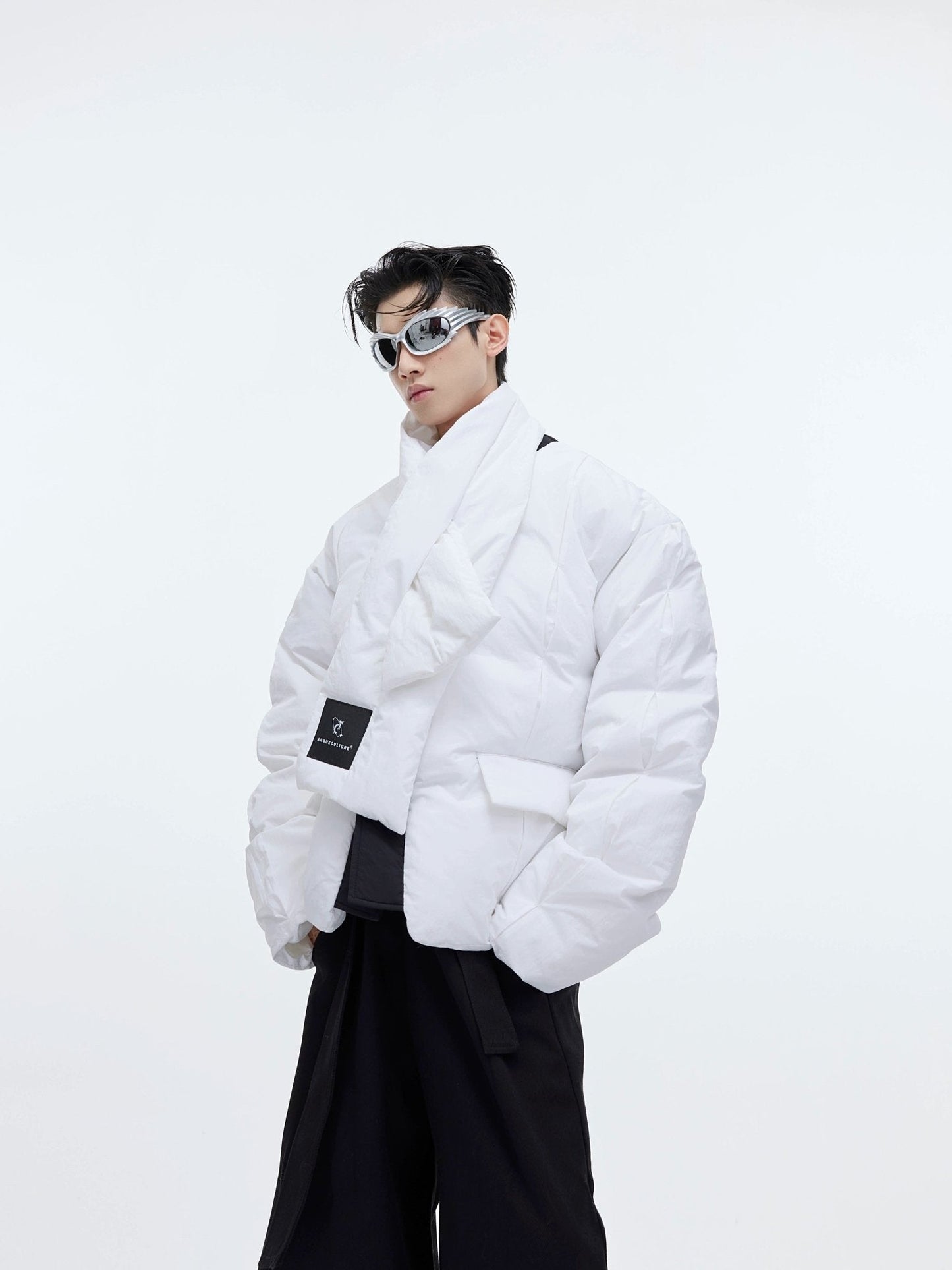 Split Design Nylon Puffer Jacket with Integrated Scarf | Short Jacket for Men