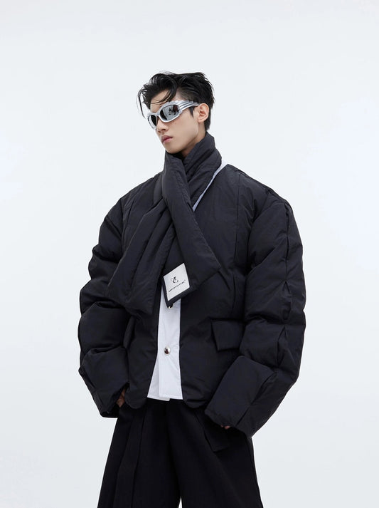 Split Design Nylon Puffer Jacket with Integrated Scarf | Short Jacket for Men