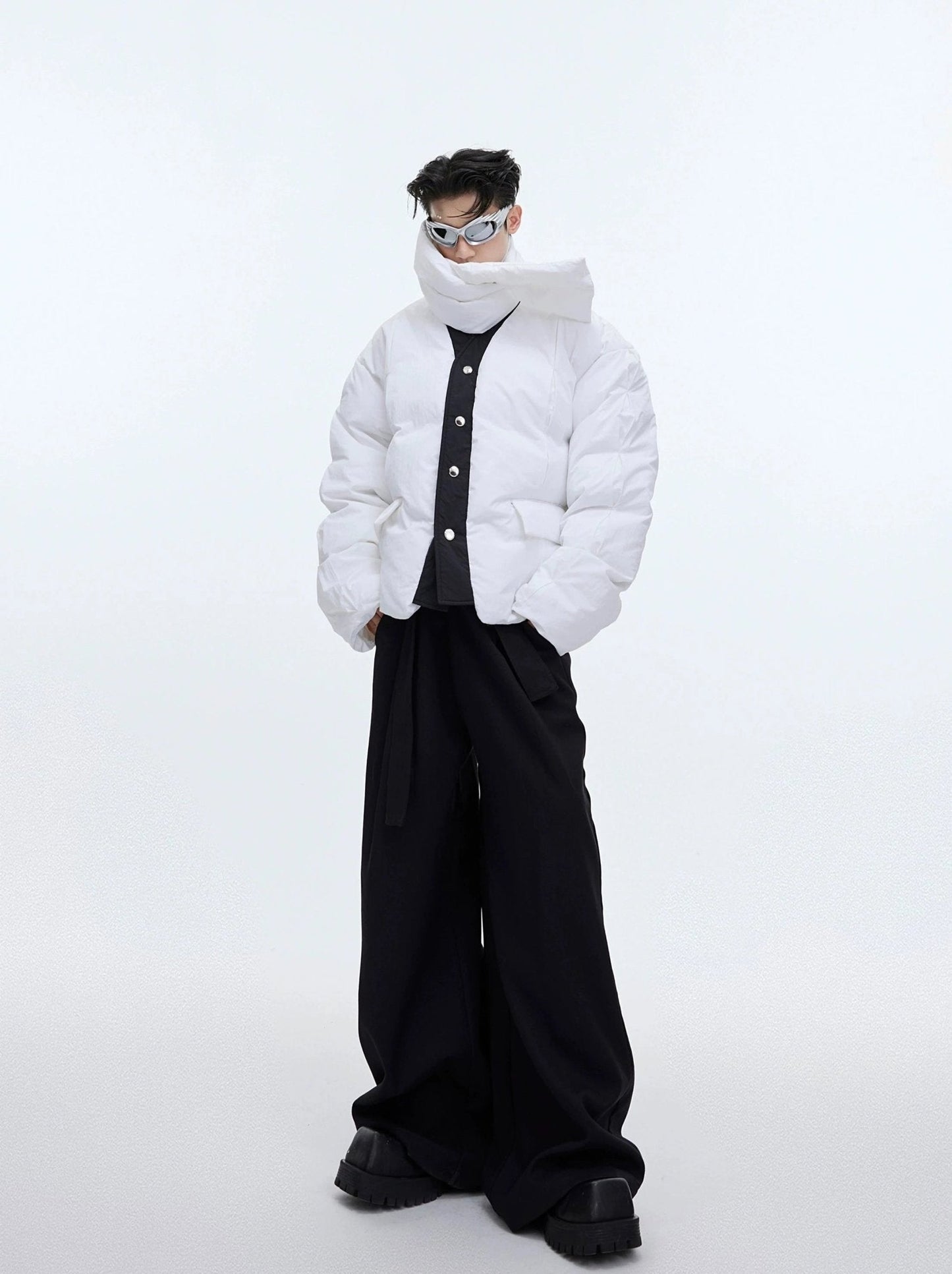 Split Design Nylon Puffer Jacket with Integrated Scarf | Short Jacket for Men