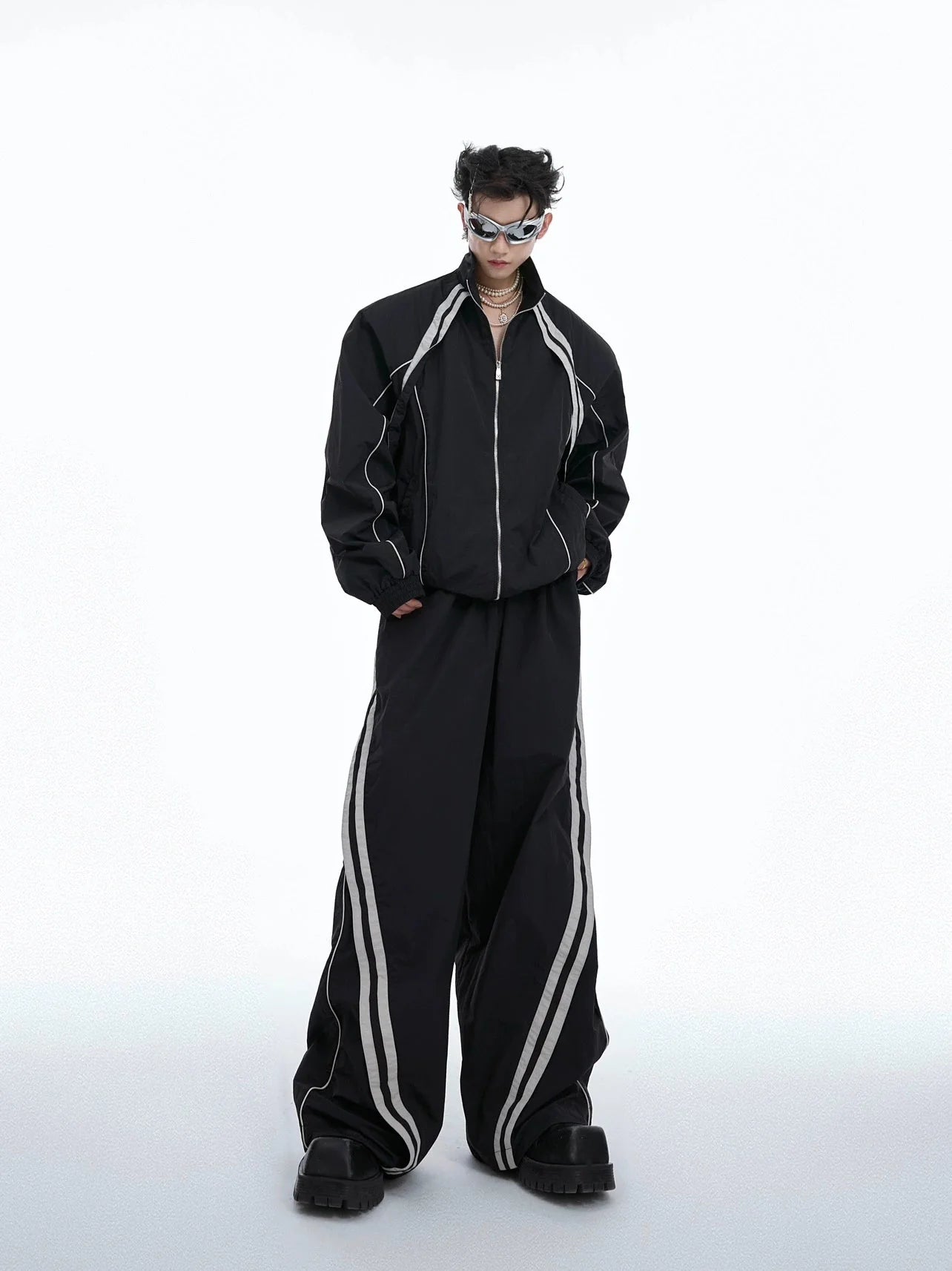 Sporty Racing Stripe Color Block Loose Fit Track Suit with Deconstructed