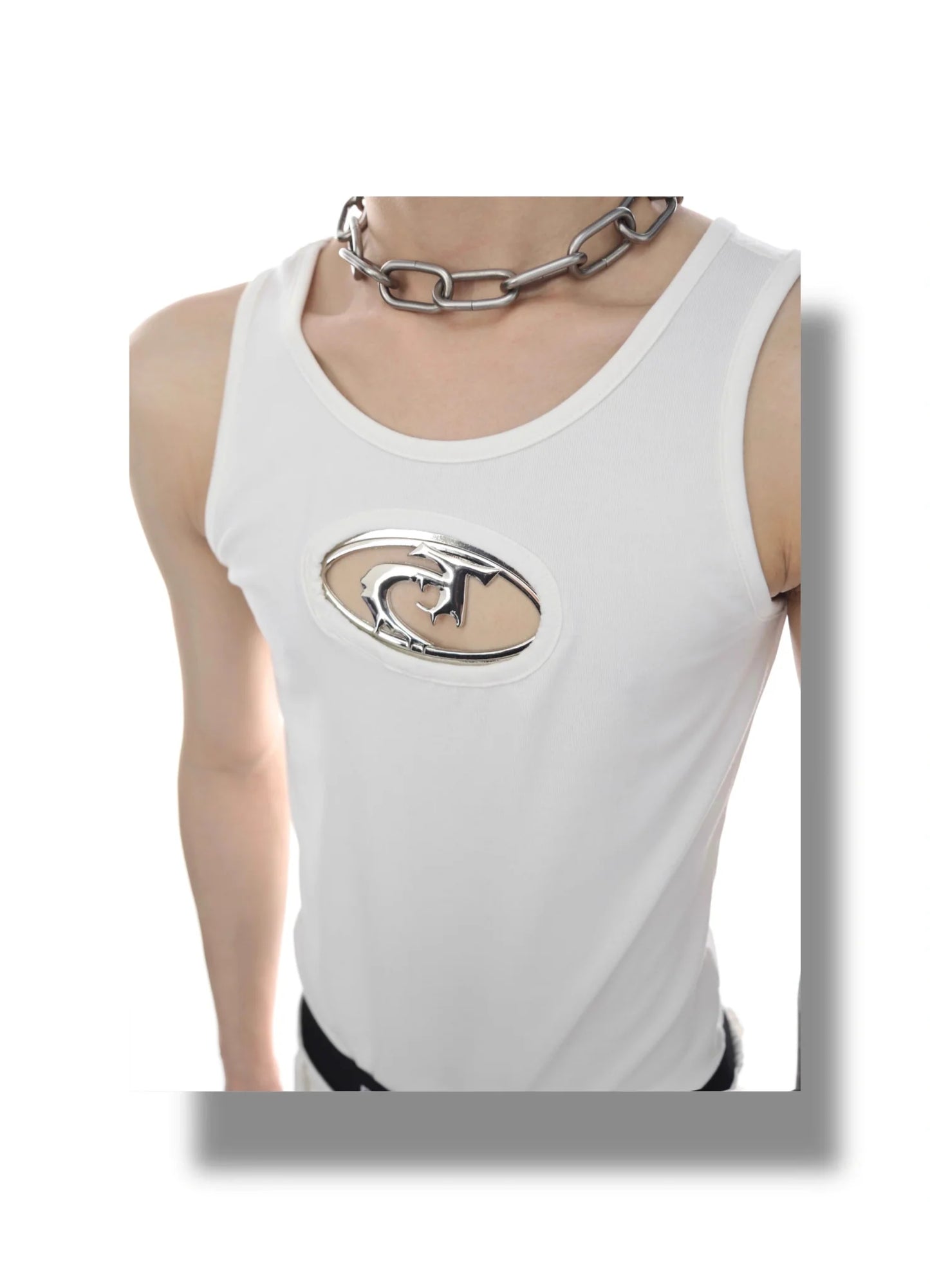 Sporty Slim-Fit Tank Top with Metallic Logo Cut-Out in Black & White