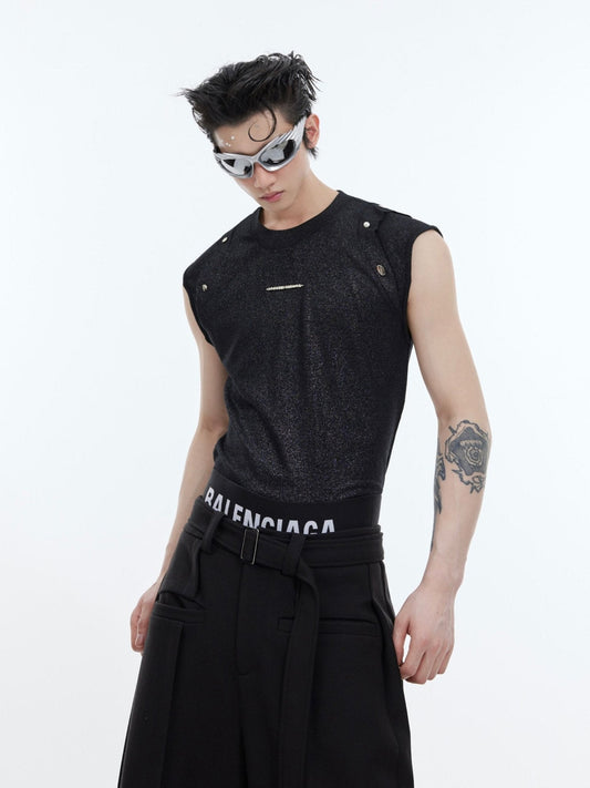 Street Hip-Hop Sheen Slim-Fit Tank Top with Sequin & Metallic Buttons