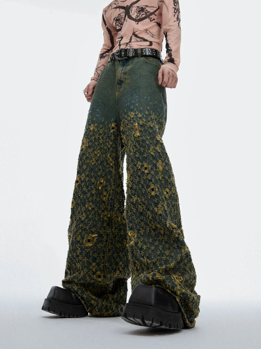 Street Vintage Distressed Ripped Straight Leg Jeans With Unique Cut