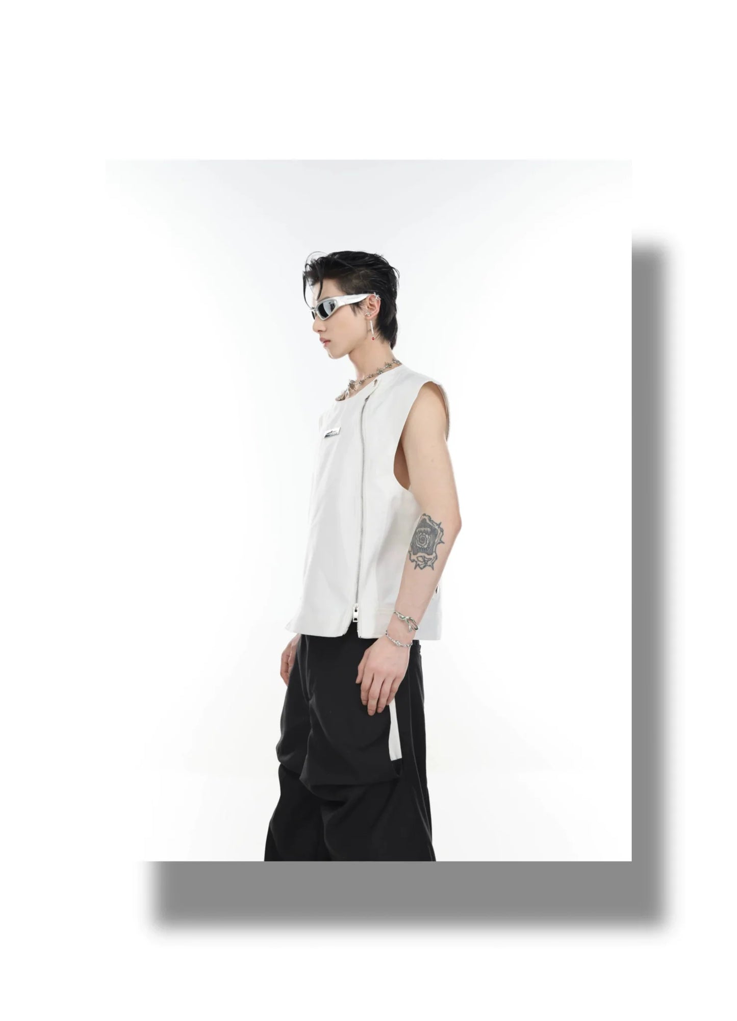 Streetwear Vest / Tank Top Spliced Dual Zipper Detail & Shoulder Cape