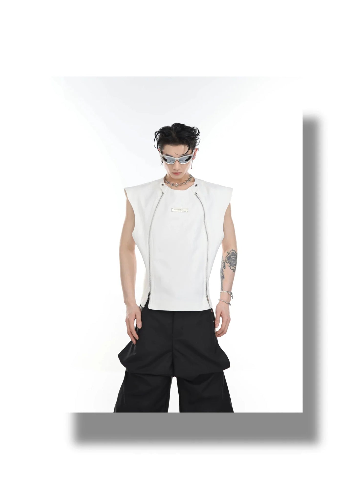 Streetwear Vest / Tank Top Spliced Dual Zipper Detail & Shoulder Cape