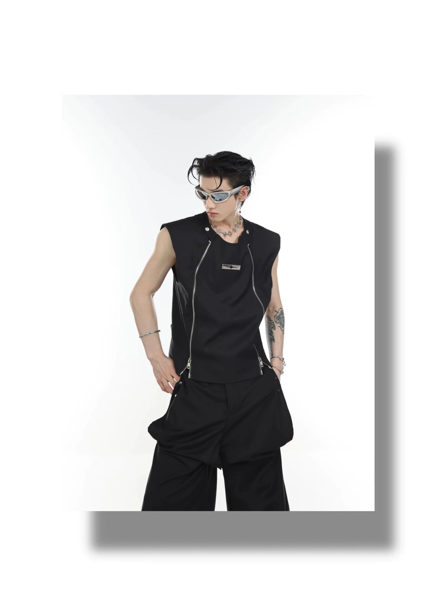 Streetwear Vest / Tank Top Spliced Dual Zipper Detail & Shoulder Cape