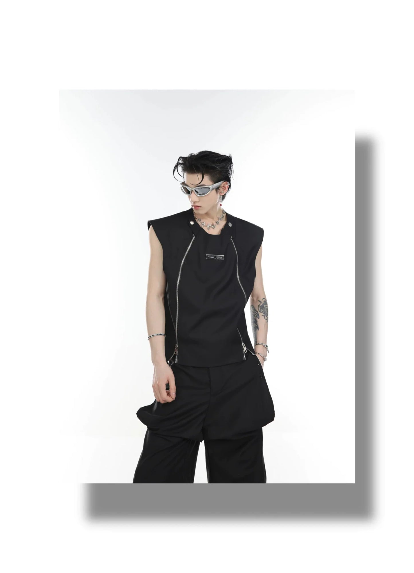 Streetwear Vest / Tank Top Spliced Dual Zipper Detail & Shoulder Cape