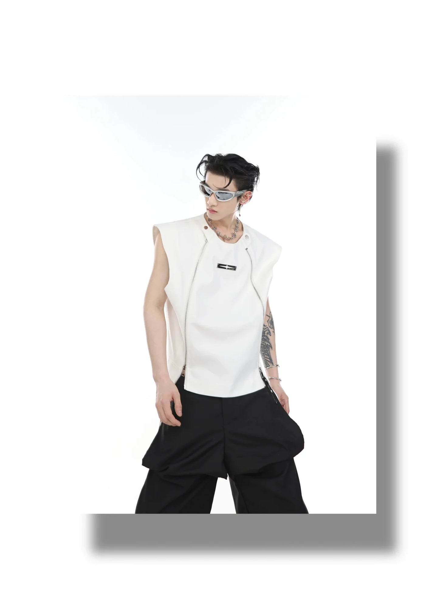 Streetwear Vest / Tank Top Spliced Dual Zipper Detail & Shoulder Cape