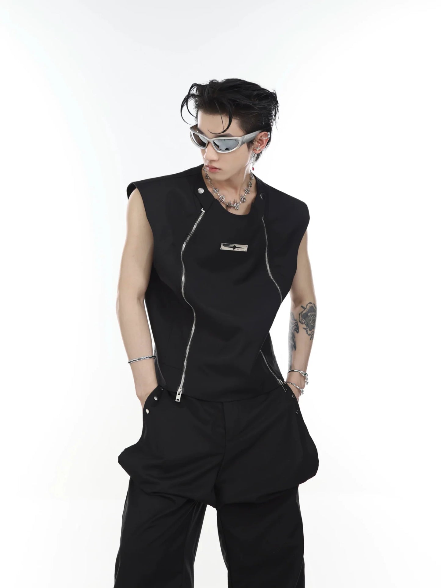 Streetwear Vest / Tank Top Spliced Dual Zipper Detail & Shoulder Cape