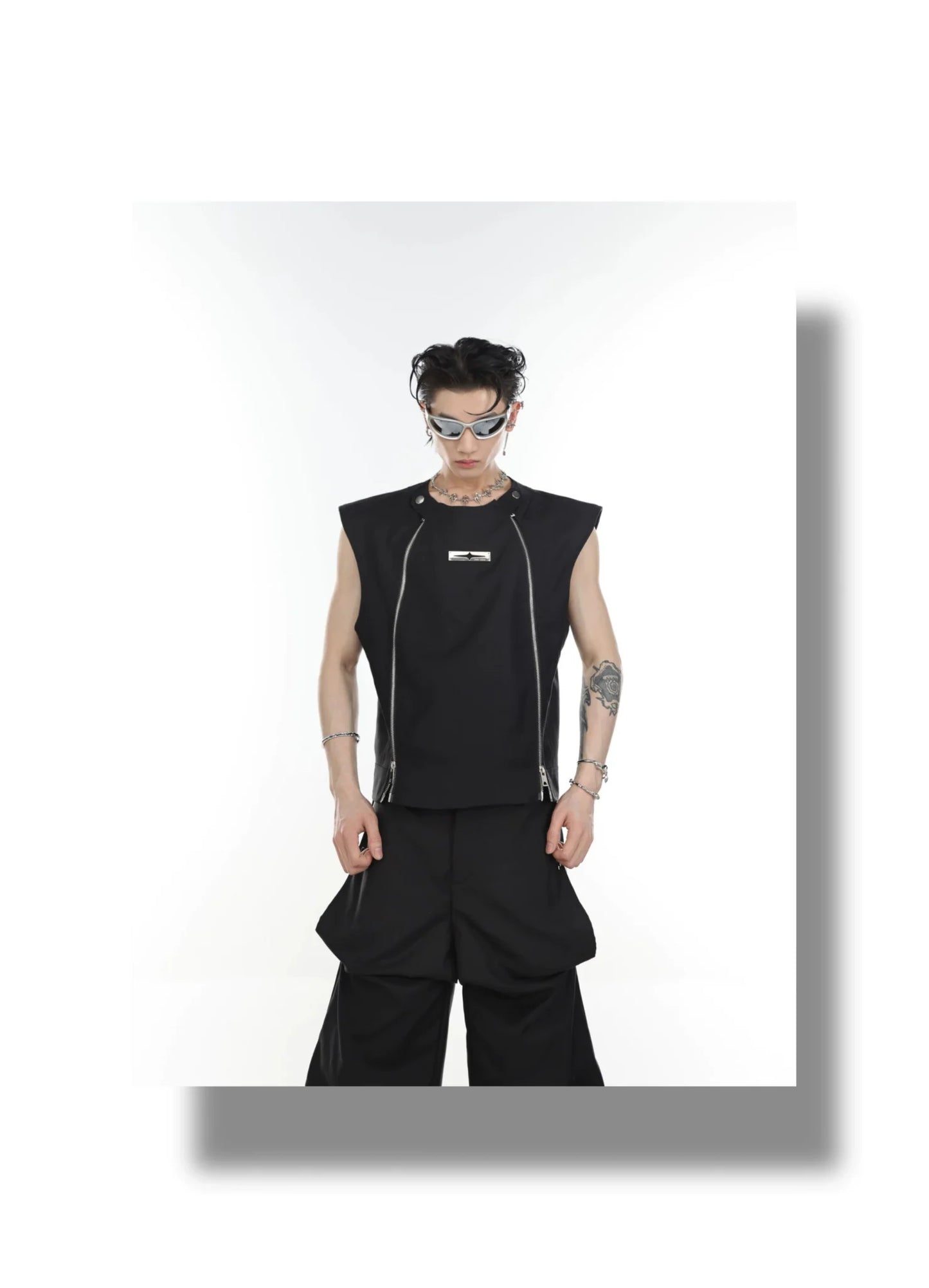 Streetwear Vest / Tank Top Spliced Dual Zipper Detail & Shoulder Cape