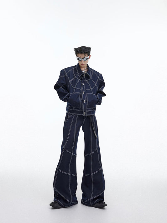 Topstitch Vintage Wash Denim Suit | Metallic Logo Button Jacket Set