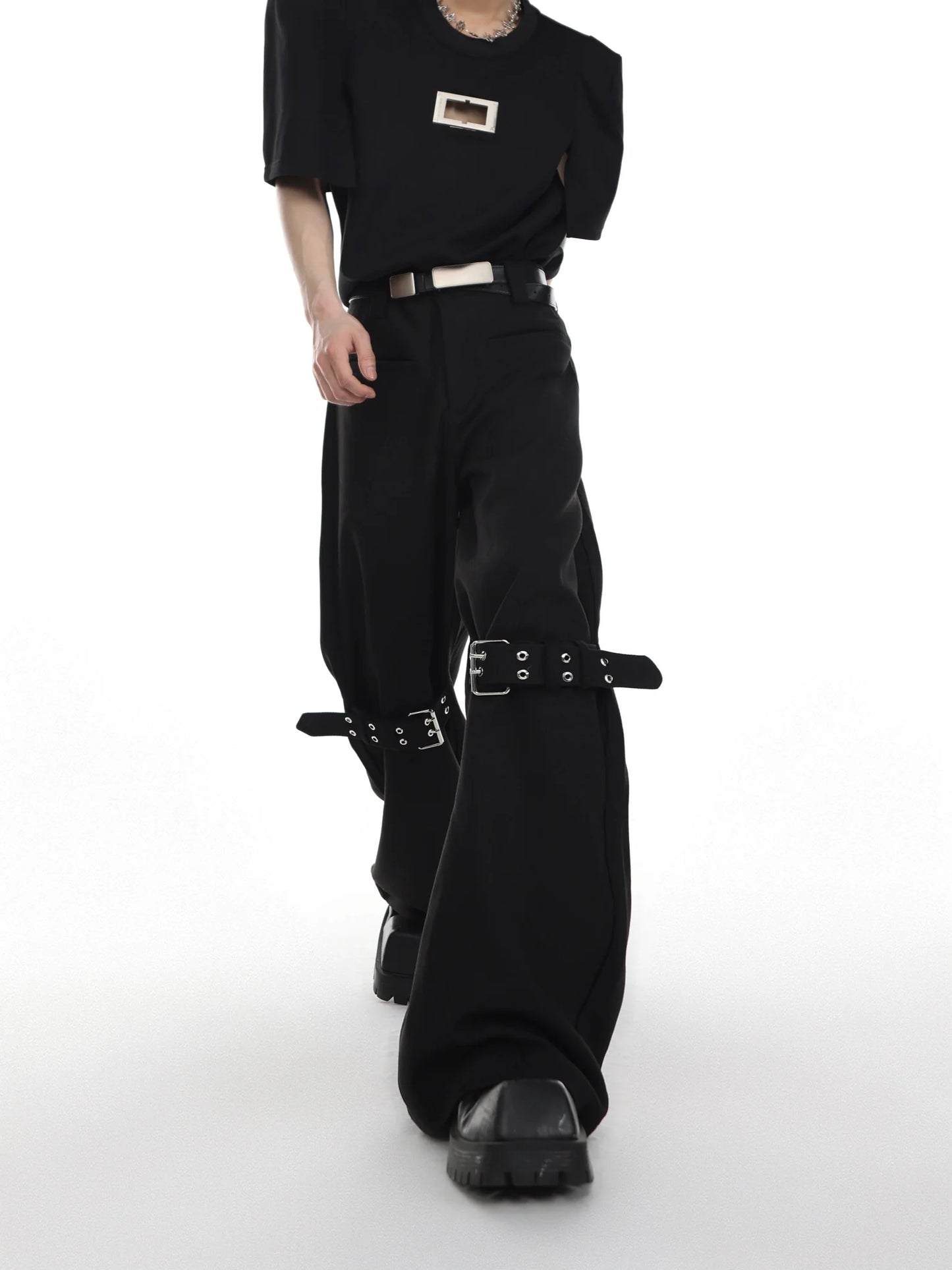 Trendy High-Waisted Flared Pants with Belt Patchwork in Punk Style