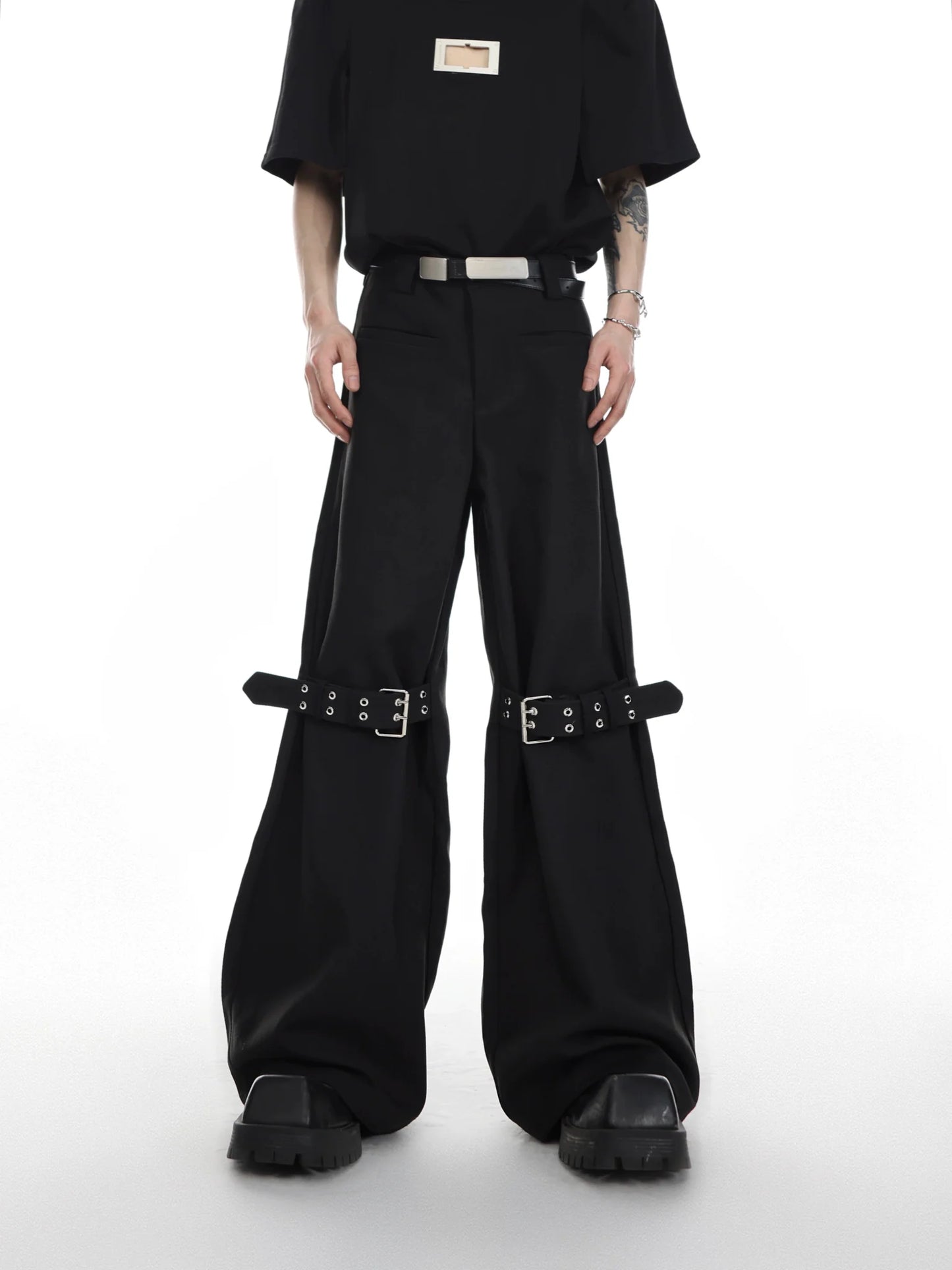 Trendy High-Waisted Flared Pants with Belt Patchwork in Punk Style