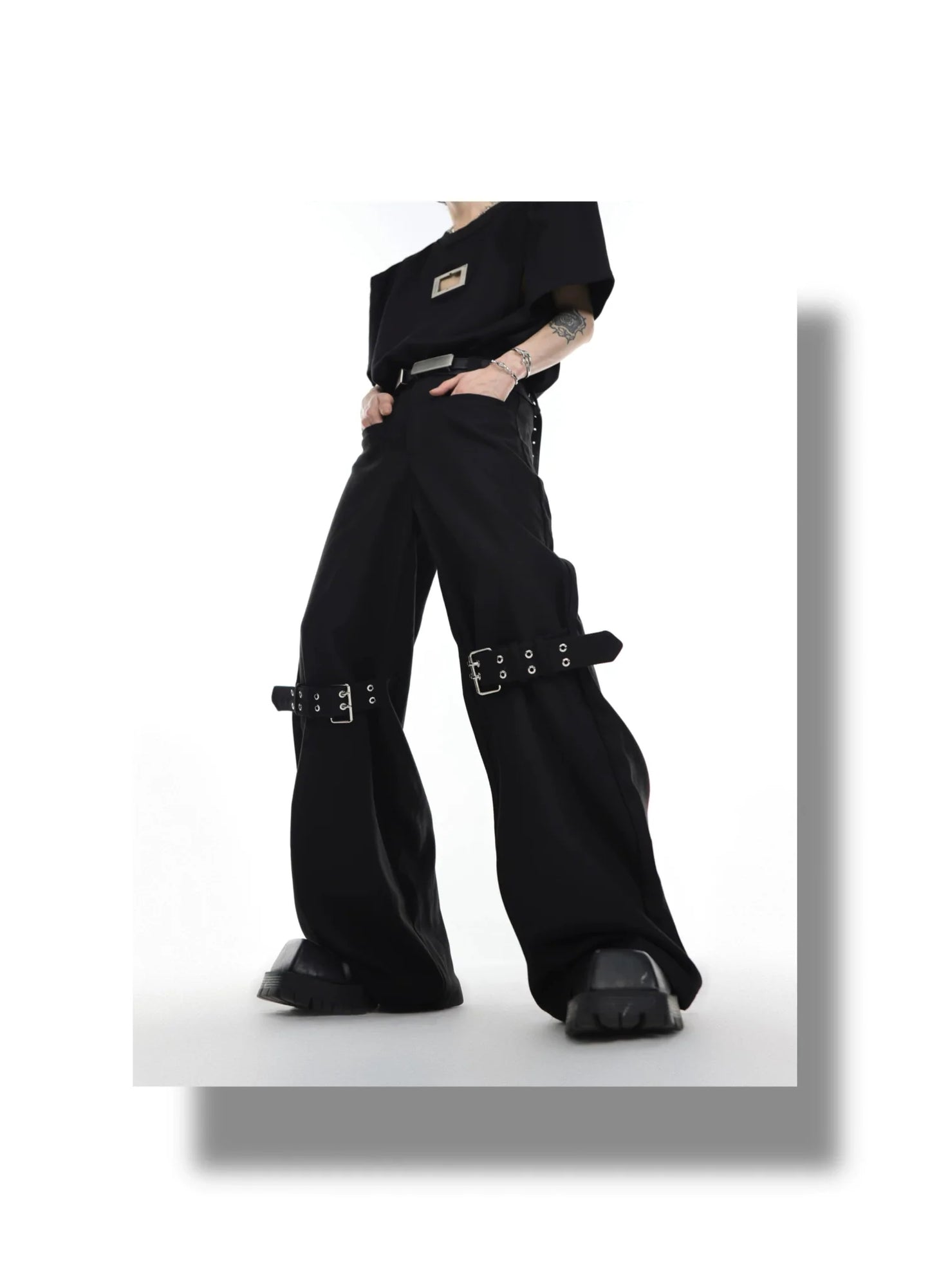 Trendy High-Waisted Flared Pants with Belt Patchwork in Punk Style