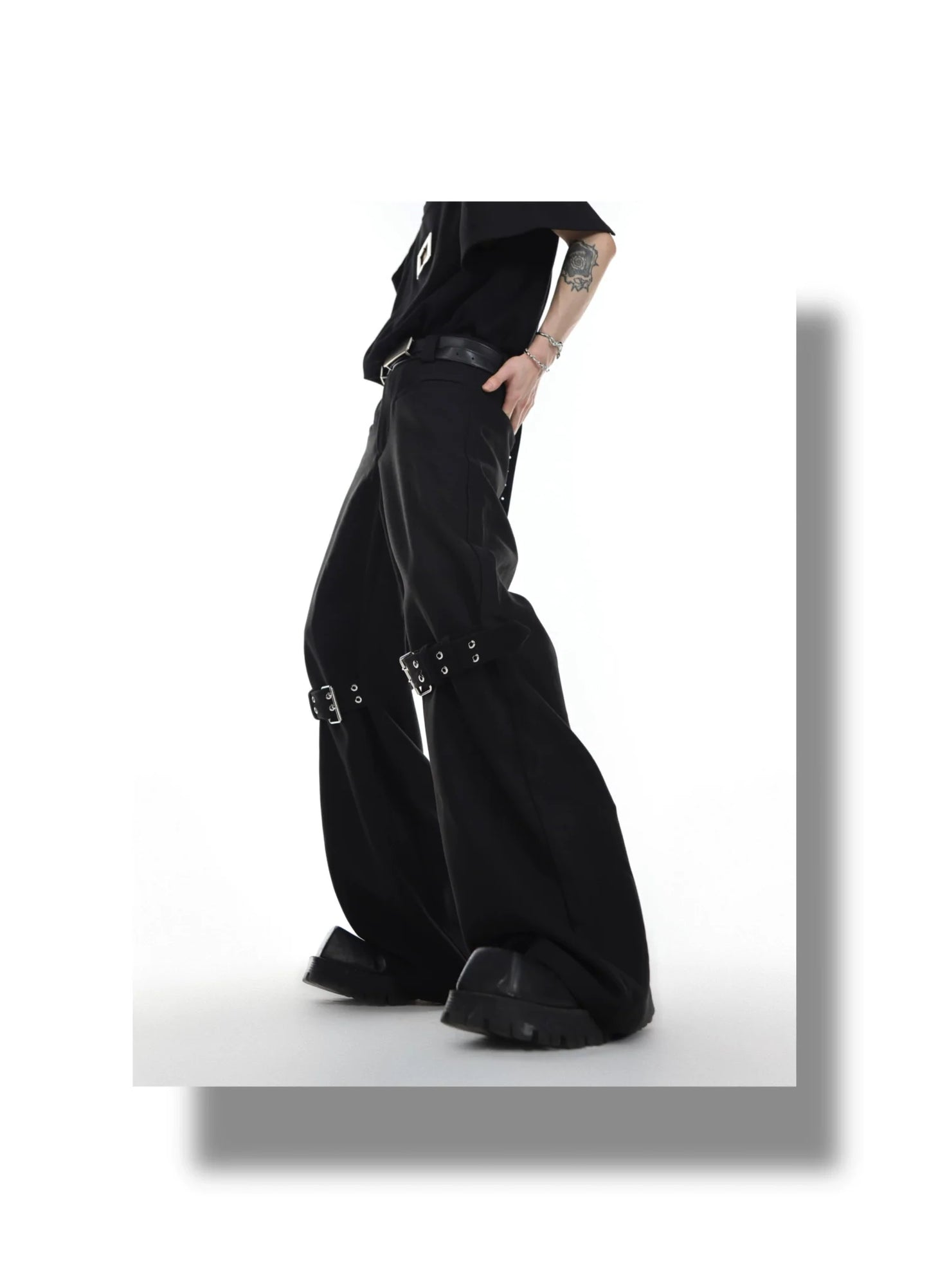 Trendy High-Waisted Flared Pants with Belt Patchwork in Punk Style