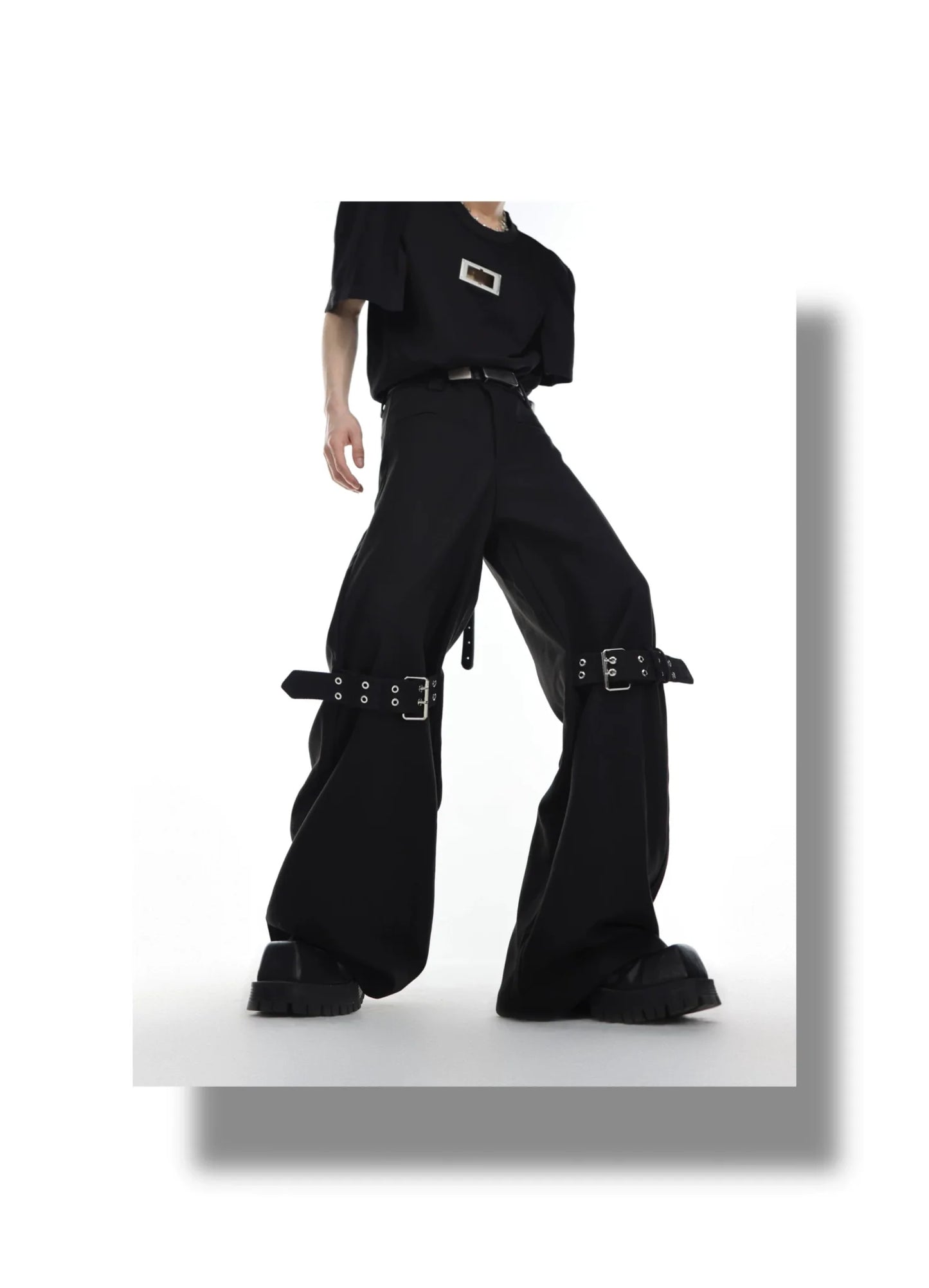 Trendy High-Waisted Flared Pants with Belt Patchwork in Punk Style