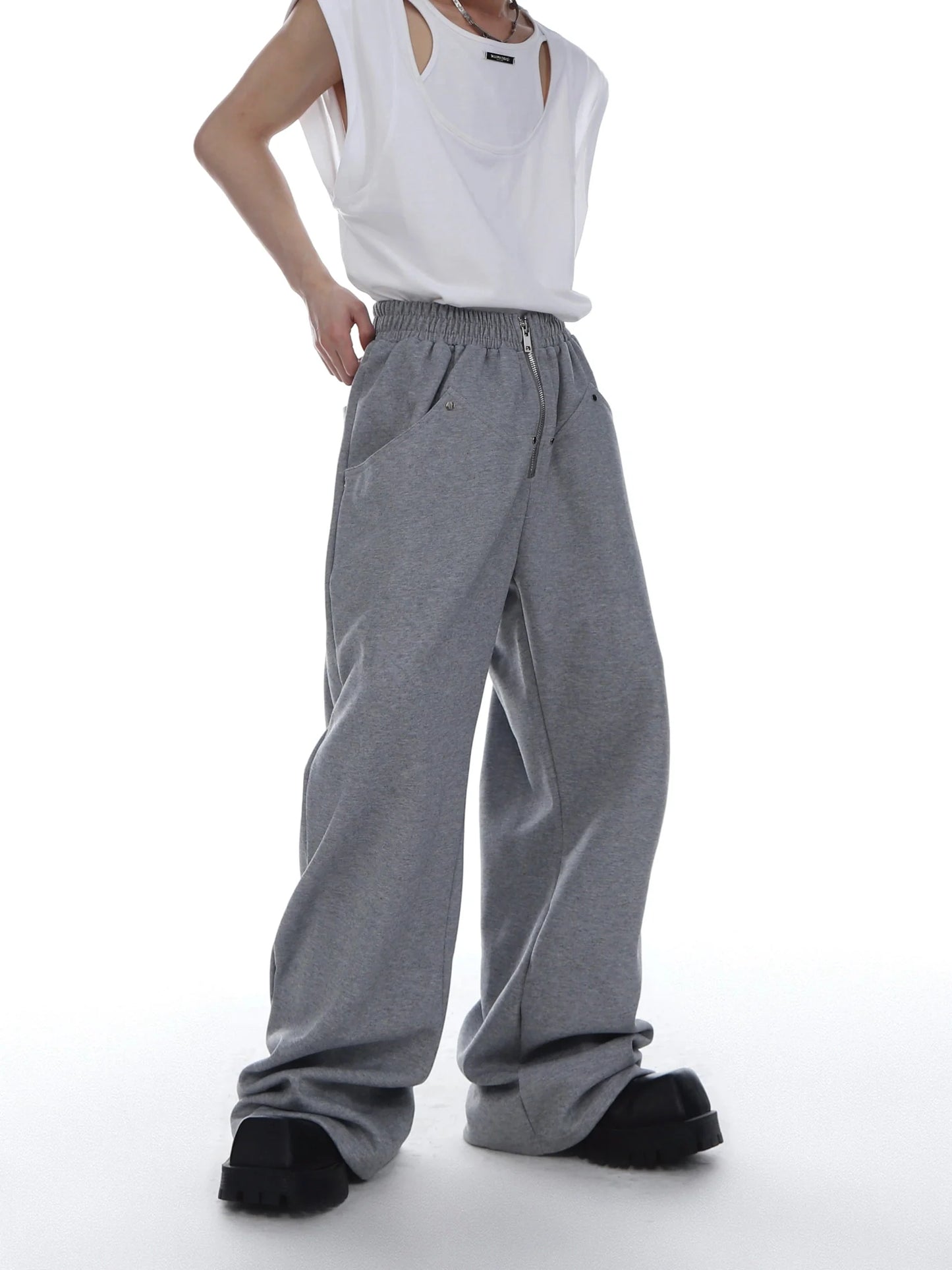 Trendy Metal Zipper Wide-Leg Sweatpants with Versatile Minimalism