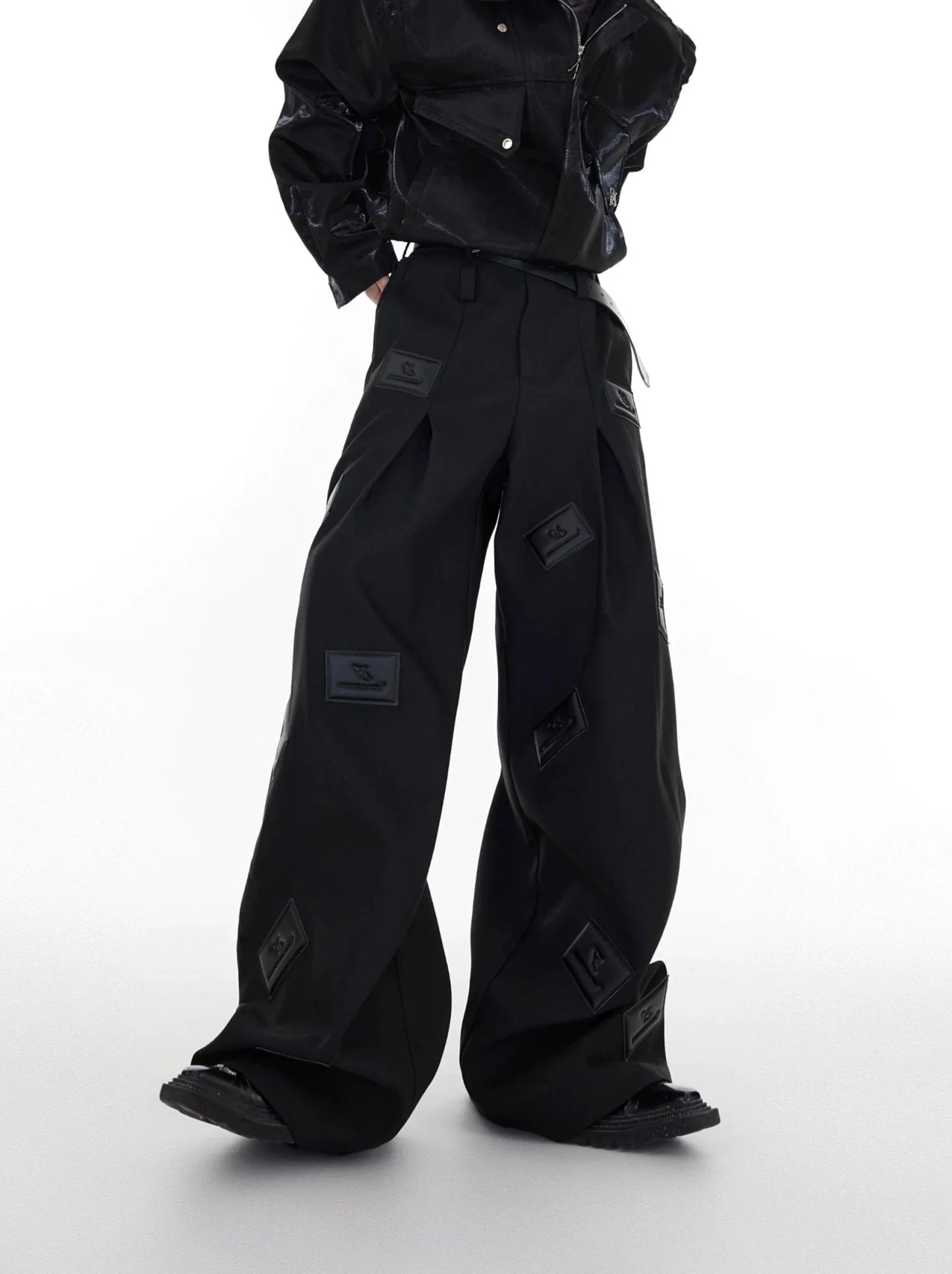 Twill Textured Casual Suit Pants with Unique Leather Patch Design