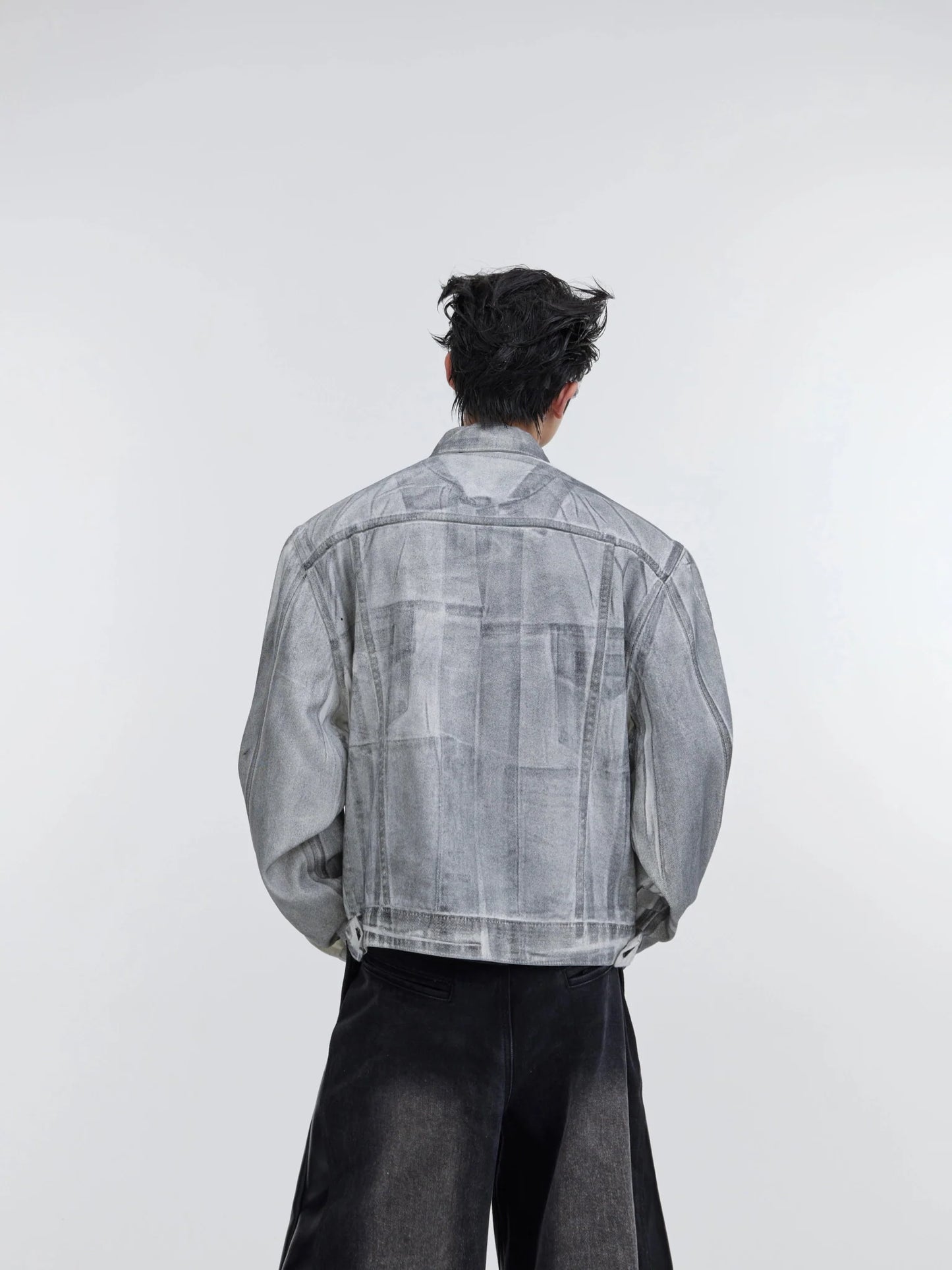 Unique Coated Deconstructed Washed Denim Jacket | Short Loose-Fit Coat